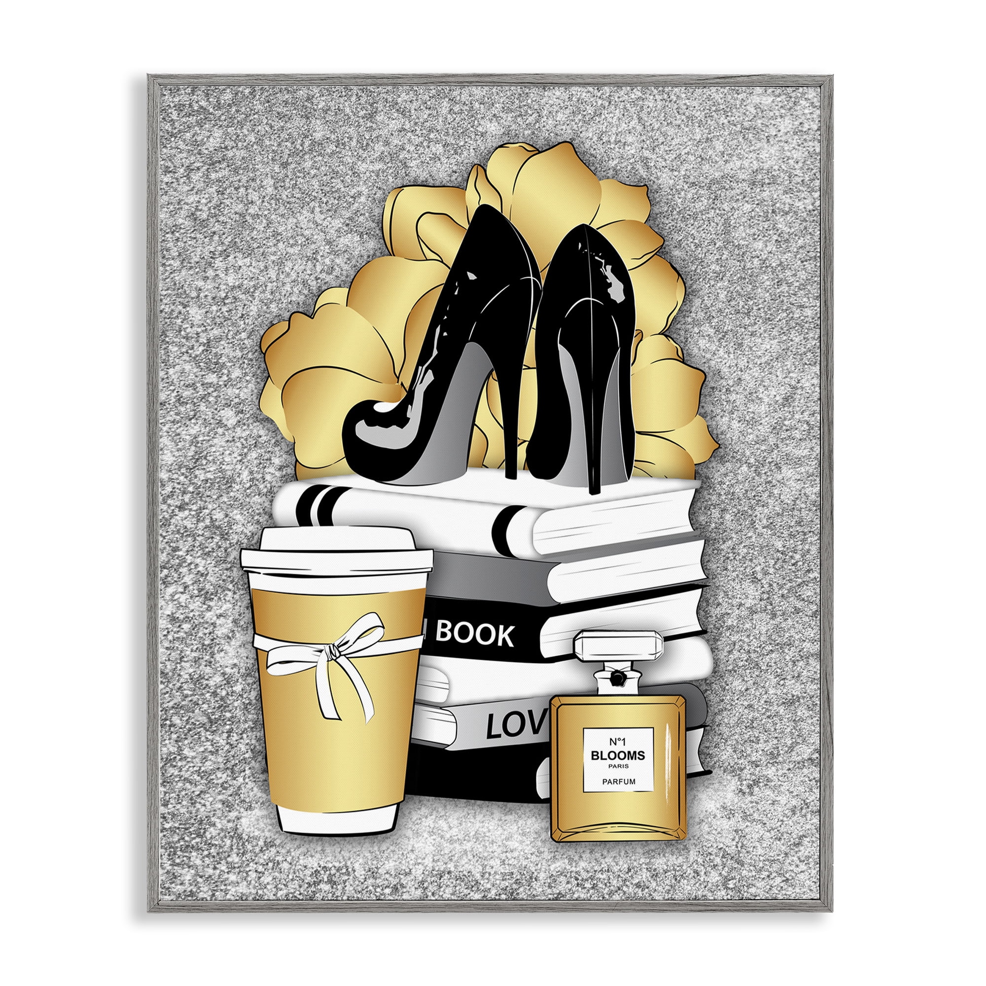 Stupell Industries Gold & Black Glam Books Beauty & Fashion Painting Gray Framed Art Print Wall Art, 24 x 30