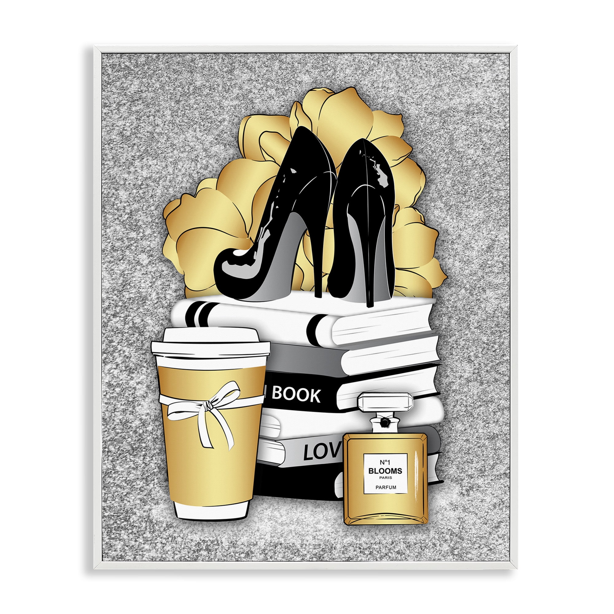 Stupell Industries Gold & Black Glam Books Beauty & Fashion Painting White Framed Art Print Wall Art, 11 x 14