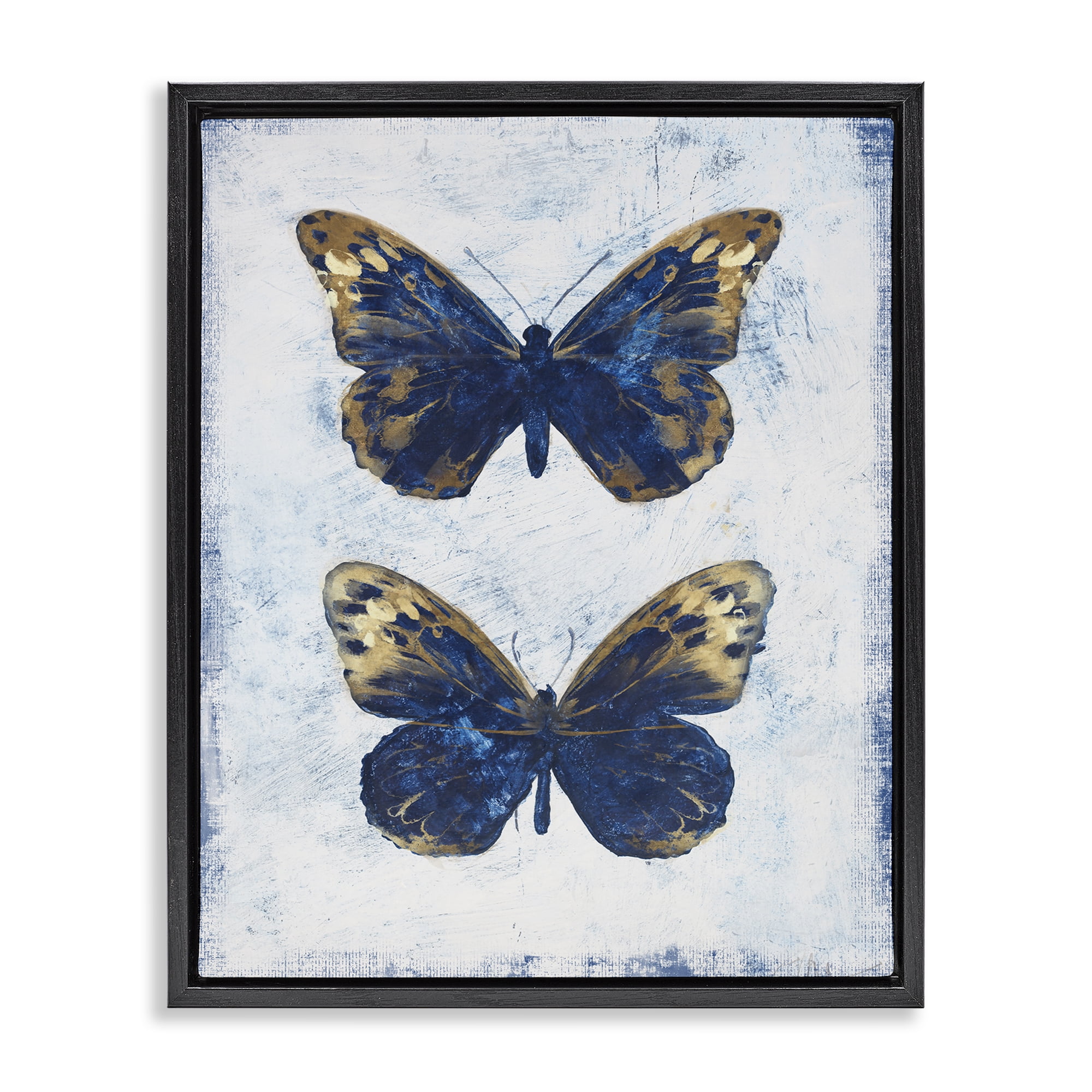 Stupell Industries Gold & Blue Butterfly Animals Painting Black Floater Framed Canvas Art Print Wall Art, 25 x 31