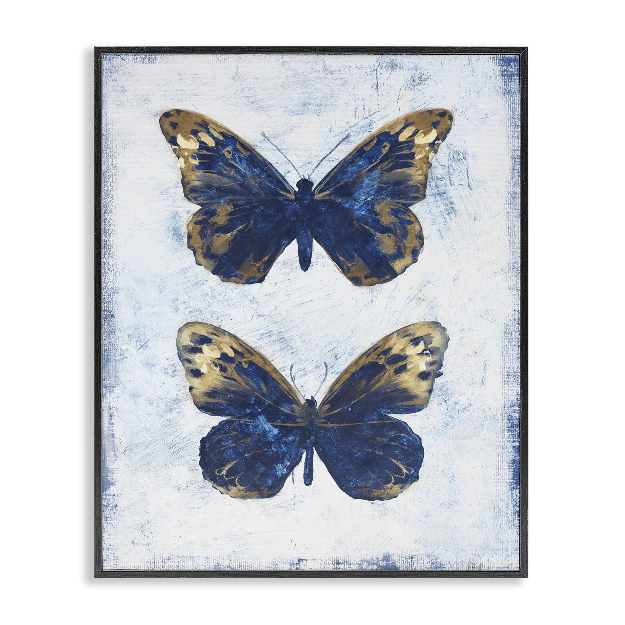 Stupell Industries Gold & Blue Butterfly Animals Painting Black Framed Art Print Wall Art, 24 x 30