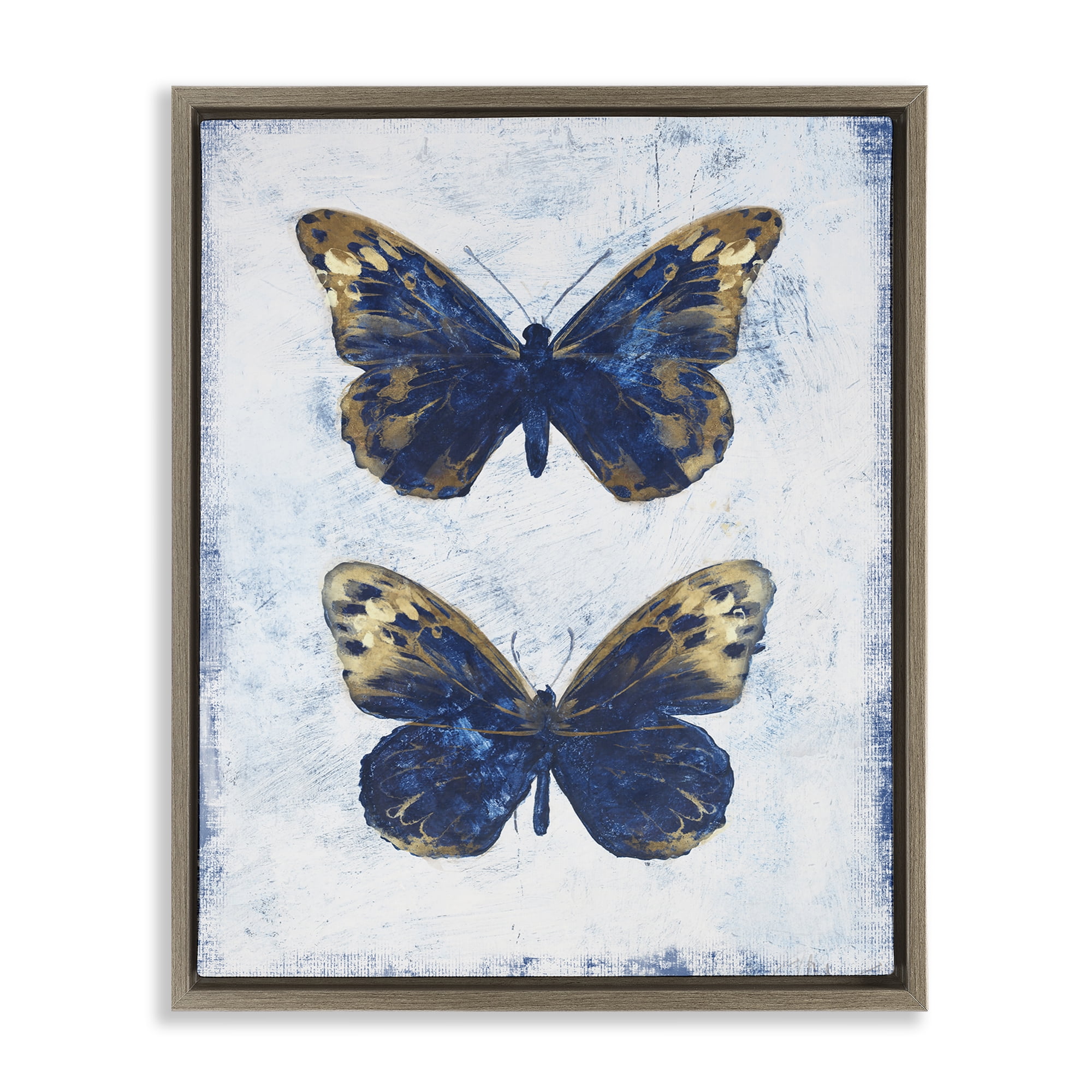 Stupell Industries Gold & Blue Butterfly Animals Painting Brown Floater Framed Canvas Art Print Wall Art, 25 x 31