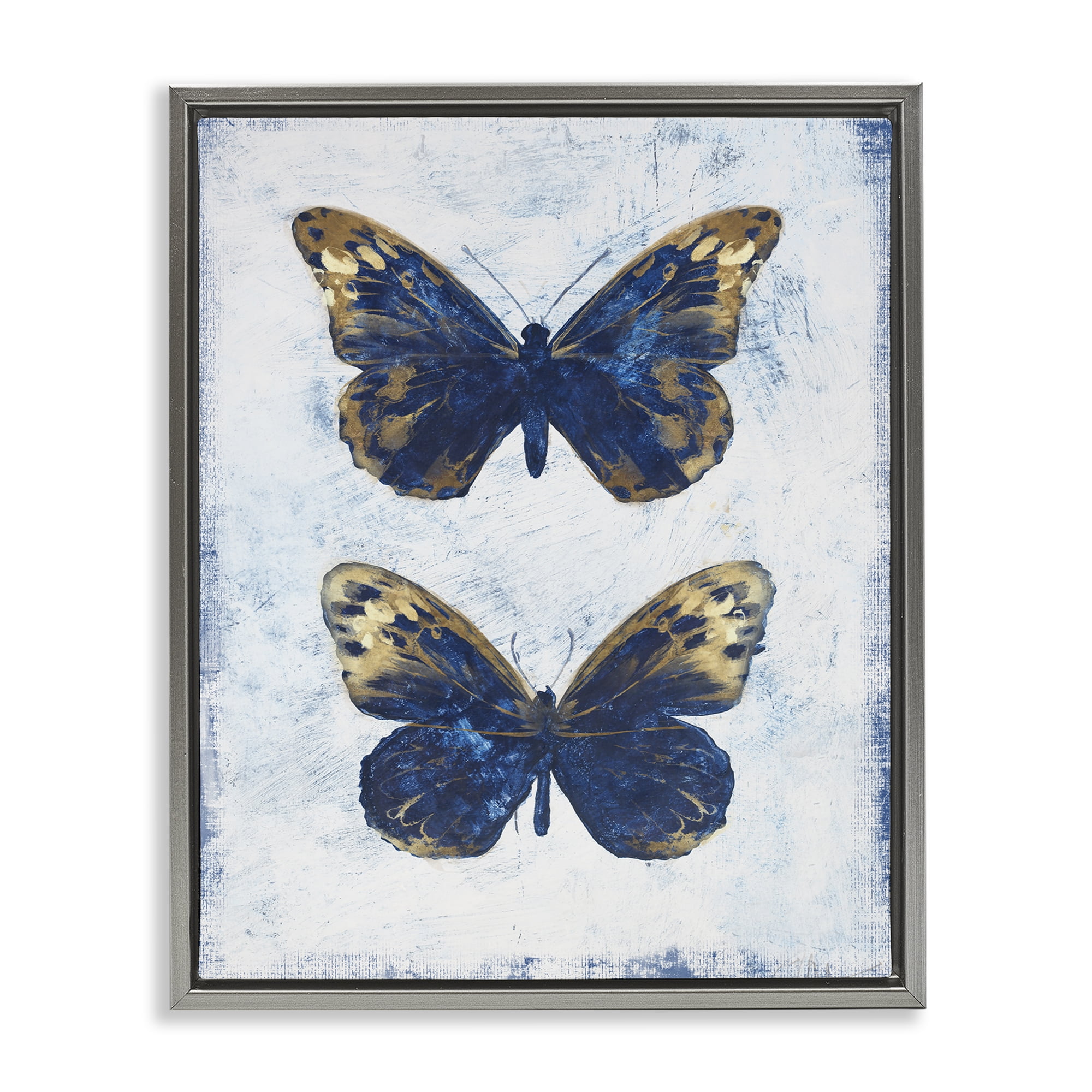 Stupell Industries Gold & Blue Butterfly Animals Painting Gray Floater Framed Canvas Art Print Wall Art, 25 x 31