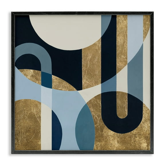 Stupell Industries Gold & Blue Circular Shapes Abstract Painting Black Framed Art Print Wall Art, 12 x 12