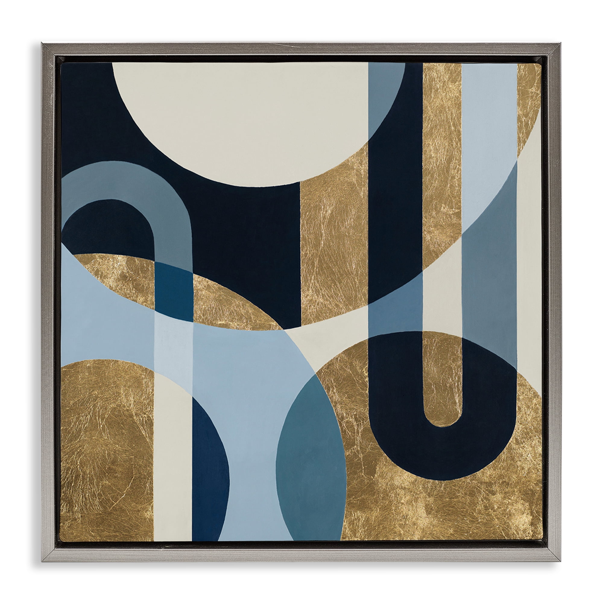 Stupell Industries Gold & Blue Circular Shapes Abstract Painting Gray Floater Framed Canvas Art Print Wall Art, 18 x 18