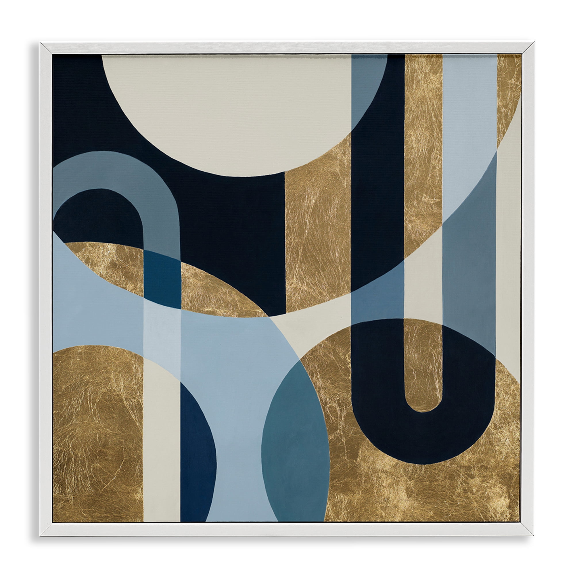 Stupell Industries Gold & Blue Circular Shapes Abstract Painting White Framed Art Print Wall Art, 12 x 12