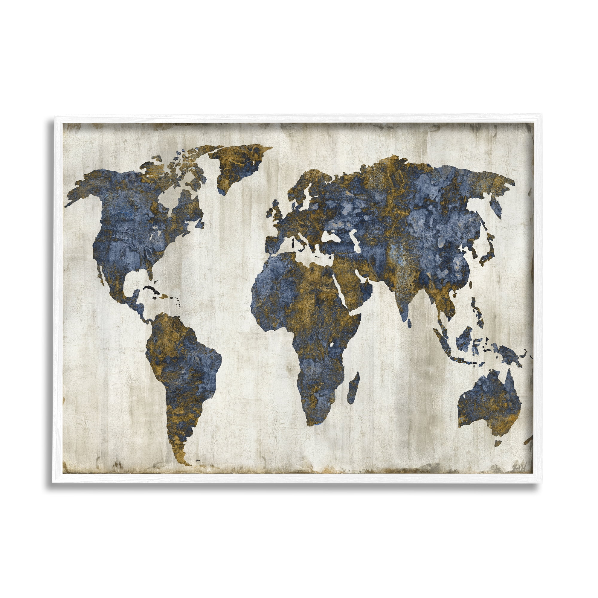 Stupell Industries Gold Blue World Map Design, 11 x 14,Design by Russell Brennan