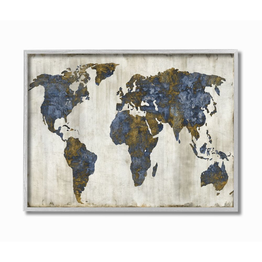 Stupell Industries Gold Blue World Map Design Graphic Art Gray Framed Art Print Wall Art, 16x20, by Russell Brennan