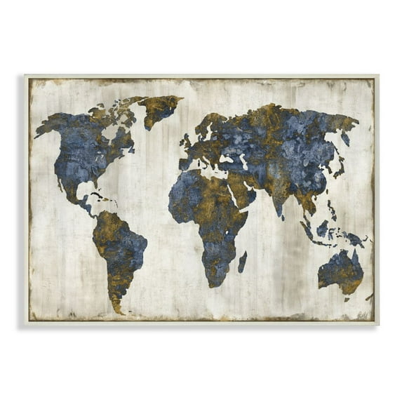 Stupell Industries Gold Blue World Map Design Graphic Art Unframed Art Print Wall Art, 10x15, by Russell Brennan