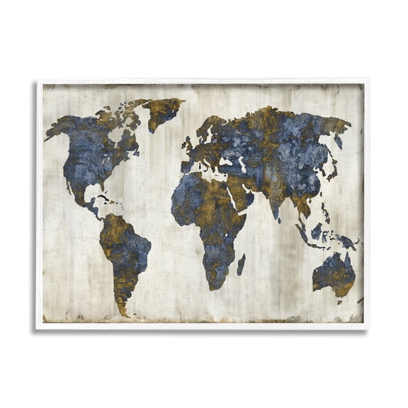 Stupell Industries Gold Blue World Map Design Graphic Art White Framed Art Print Wall Art, 24x30, by Russell Brennan