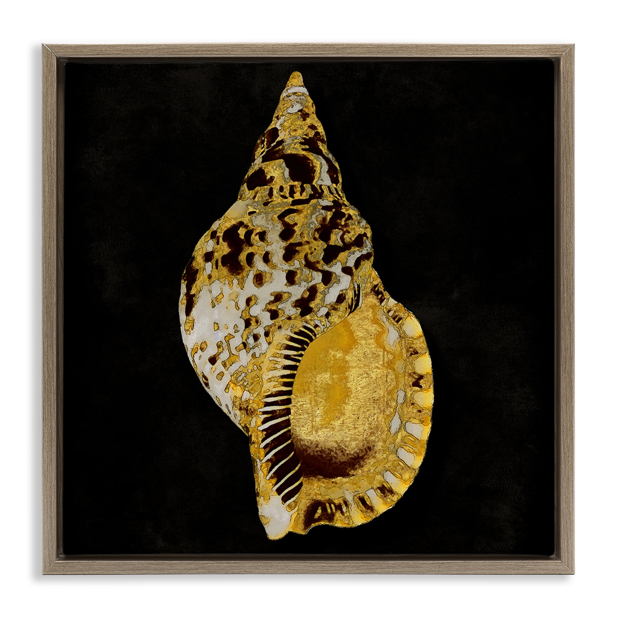 Stupell Industries Gold Conch on Black Nautical & Beach Painting Brown Floater Framed Canvas Art Print Wall Art, 25 x 25