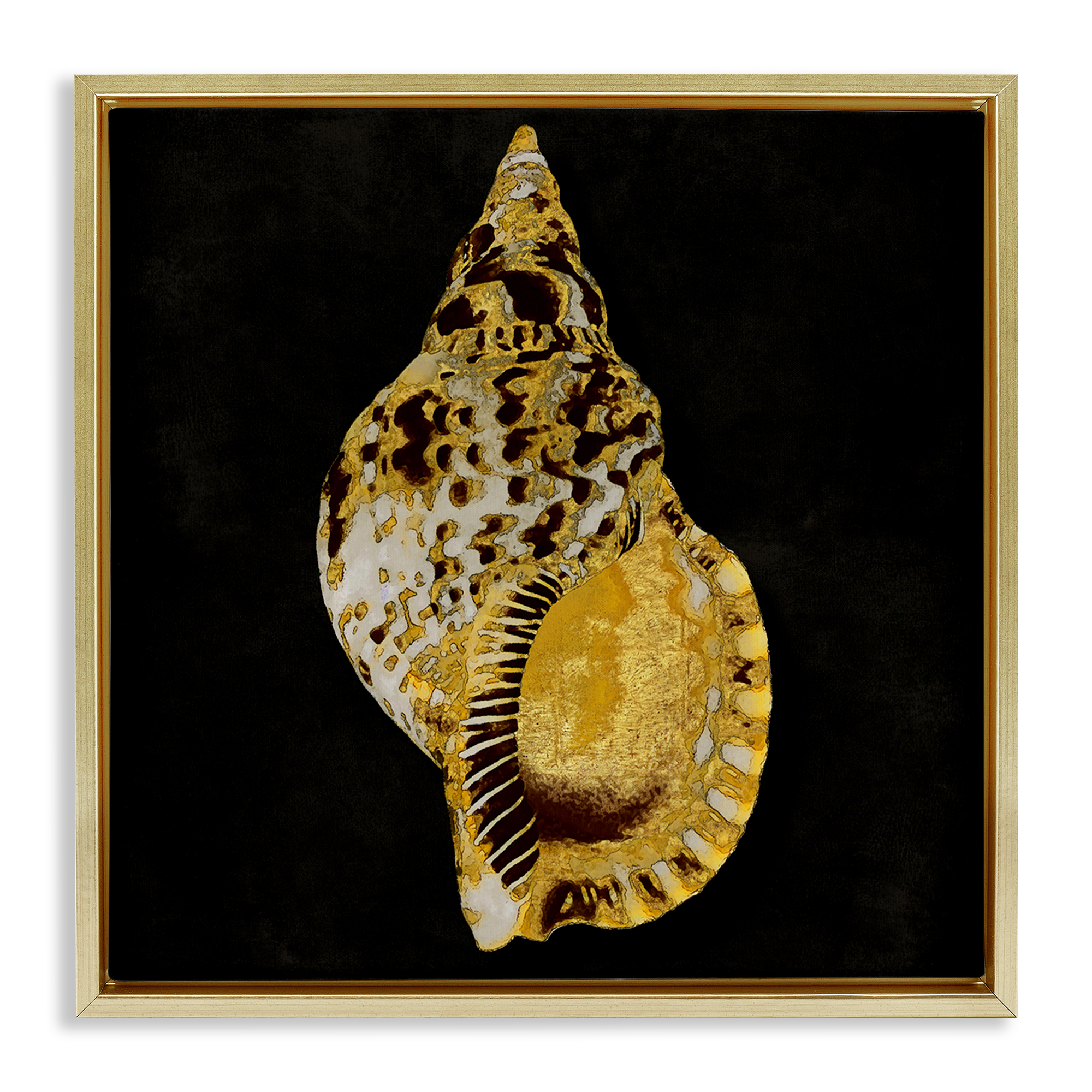 Stupell Industries Gold Conch on Black Nautical & Beach Painting Gold Floater Framed Canvas Art Print Wall Art, 25 x 25