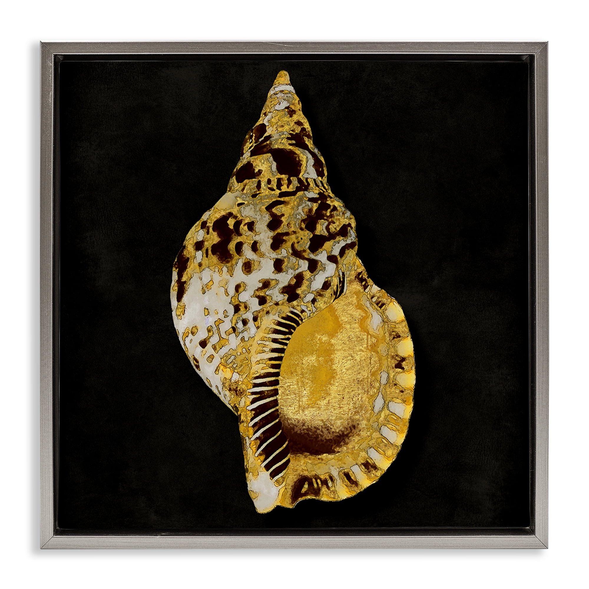 Stupell Industries Gold Conch on Black Nautical & Beach Painting Gray Floater Framed Canvas Art Print Wall Art, 25 x 25