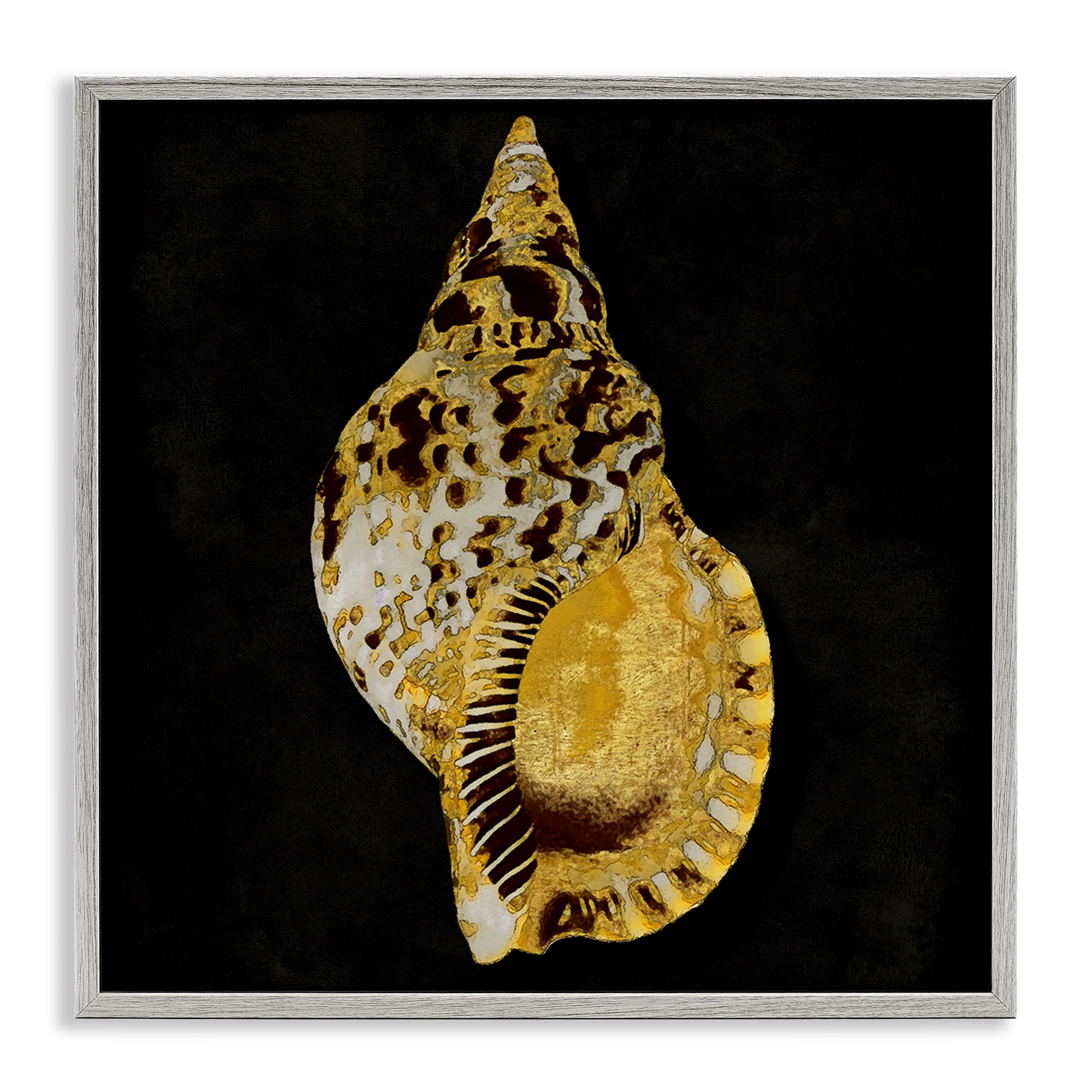Stupell Industries Gold Conch on Black Nautical & Beach Painting Gray Framed Art Print Wall Art, 17 x 17