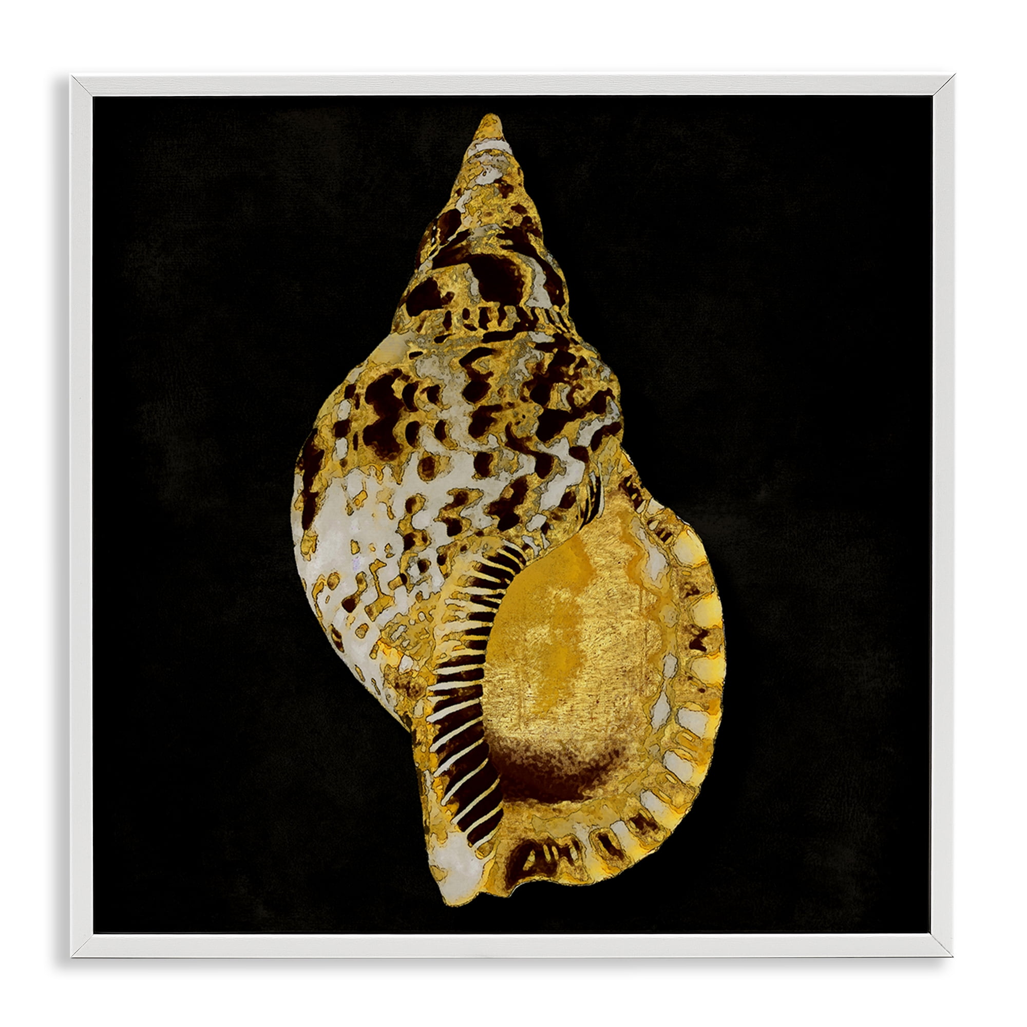 Stupell Industries Gold Conch on Black Nautical & Beach Painting White Framed Art Print Wall Art, 12 x 12