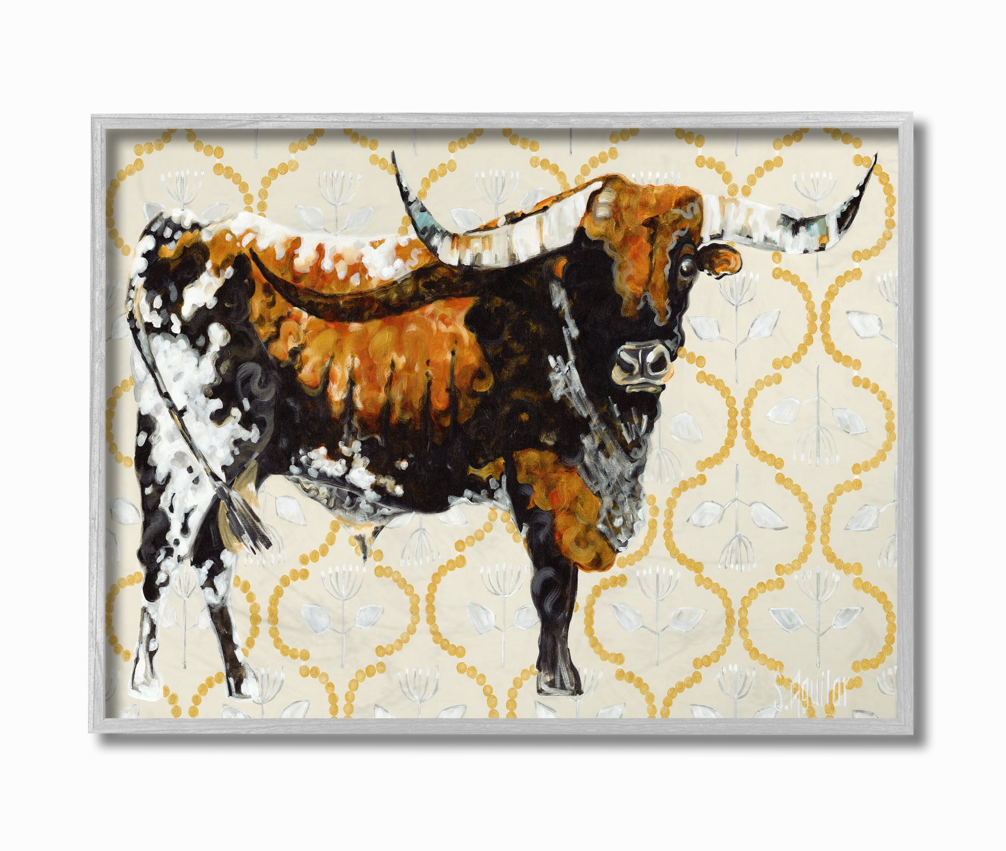 Stupell Industries Gold Cow Animal Pattern Neutral Painting Framed Wall Art by Stephanie Aguilar