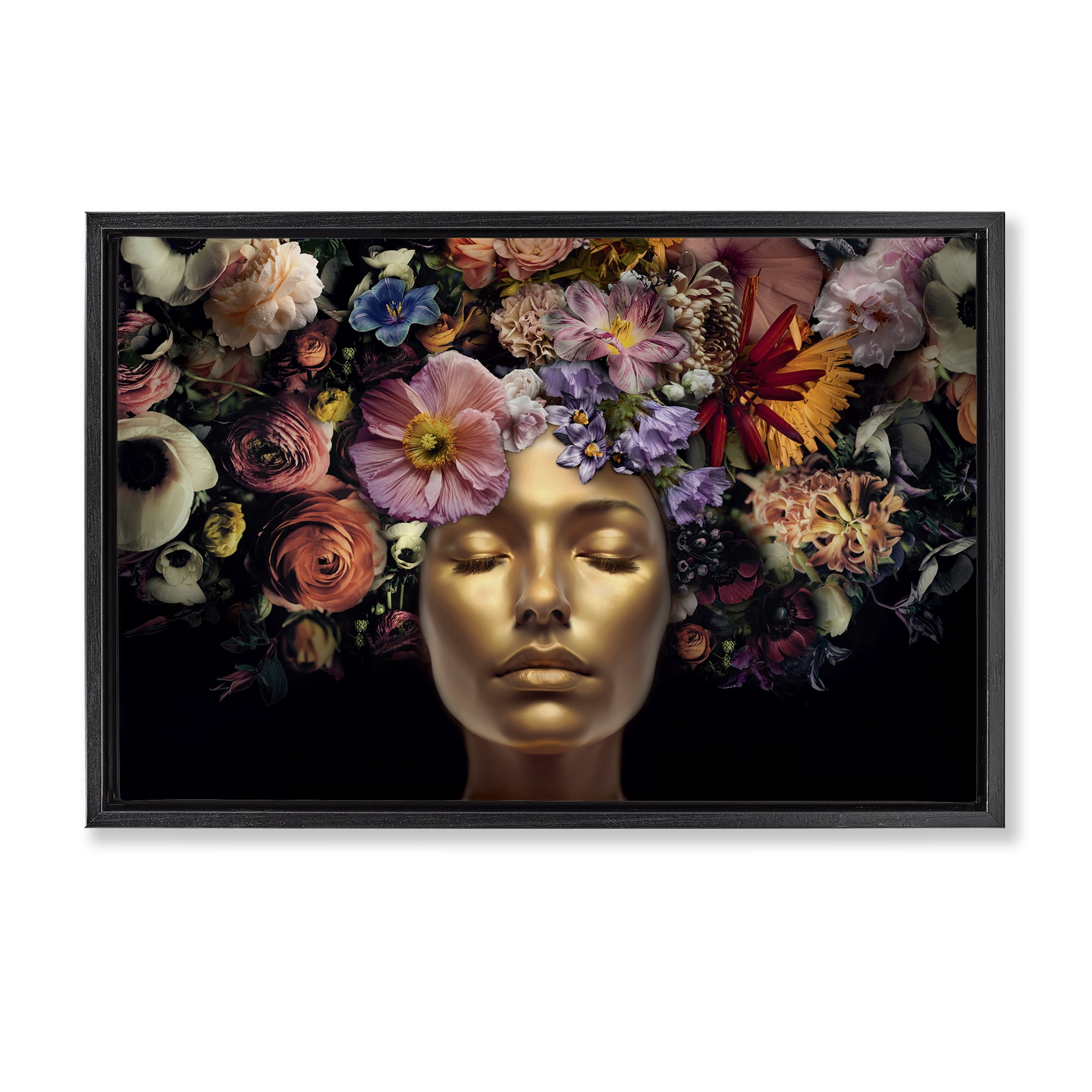 Stupell Industries Gold Face with Flowers Plants & Flowers Painting Black Floater Framed Canvas Art Print Wall Art, 25 x 17