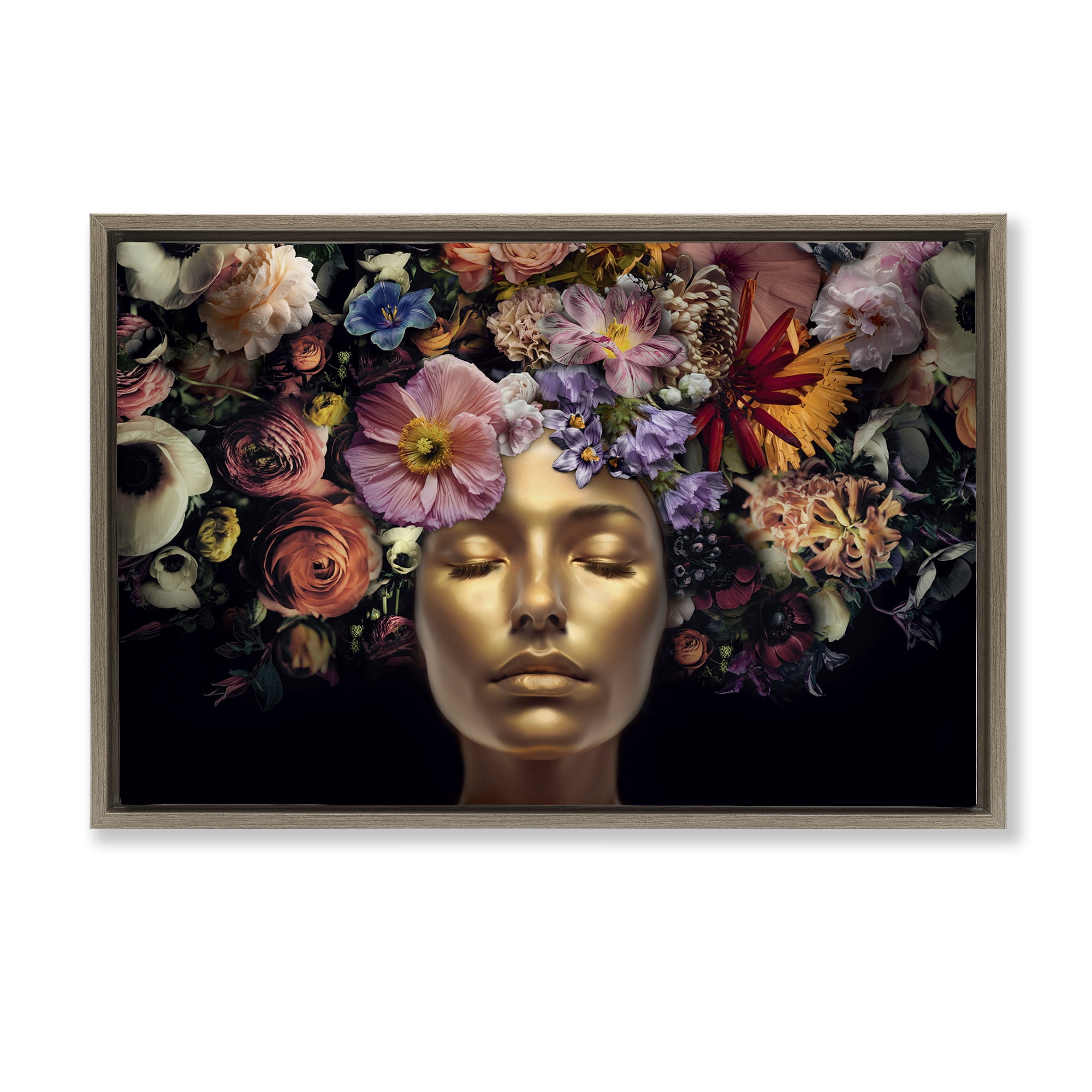 Stupell Industries Gold Face with Flowers Plants & Flowers Painting Brown Floater Framed Canvas Art Print Wall Art, 25 x 17