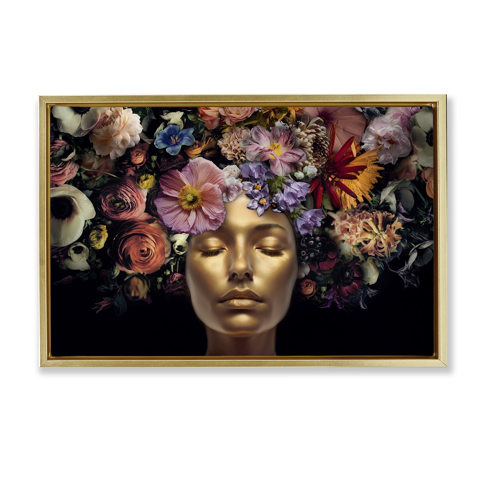 Stupell Industries Gold Face with Flowers Plants & Flowers Painting Gold Floater Framed Canvas Art Print Wall Art, 31 x 21
