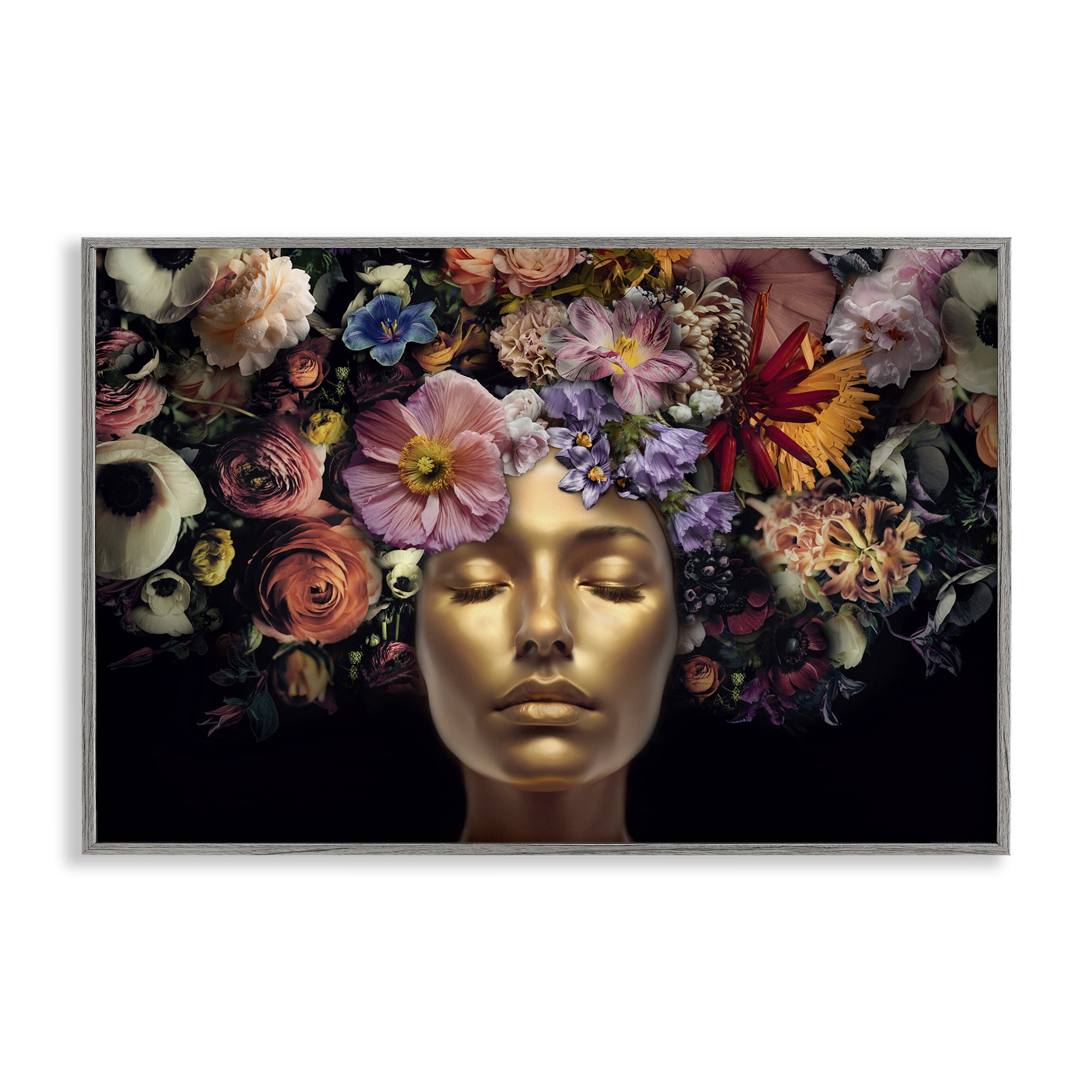 Stupell Industries Gold Face with Flowers Plants & Flowers Painting Gray Framed Art Print Wall Art, 24 x 16