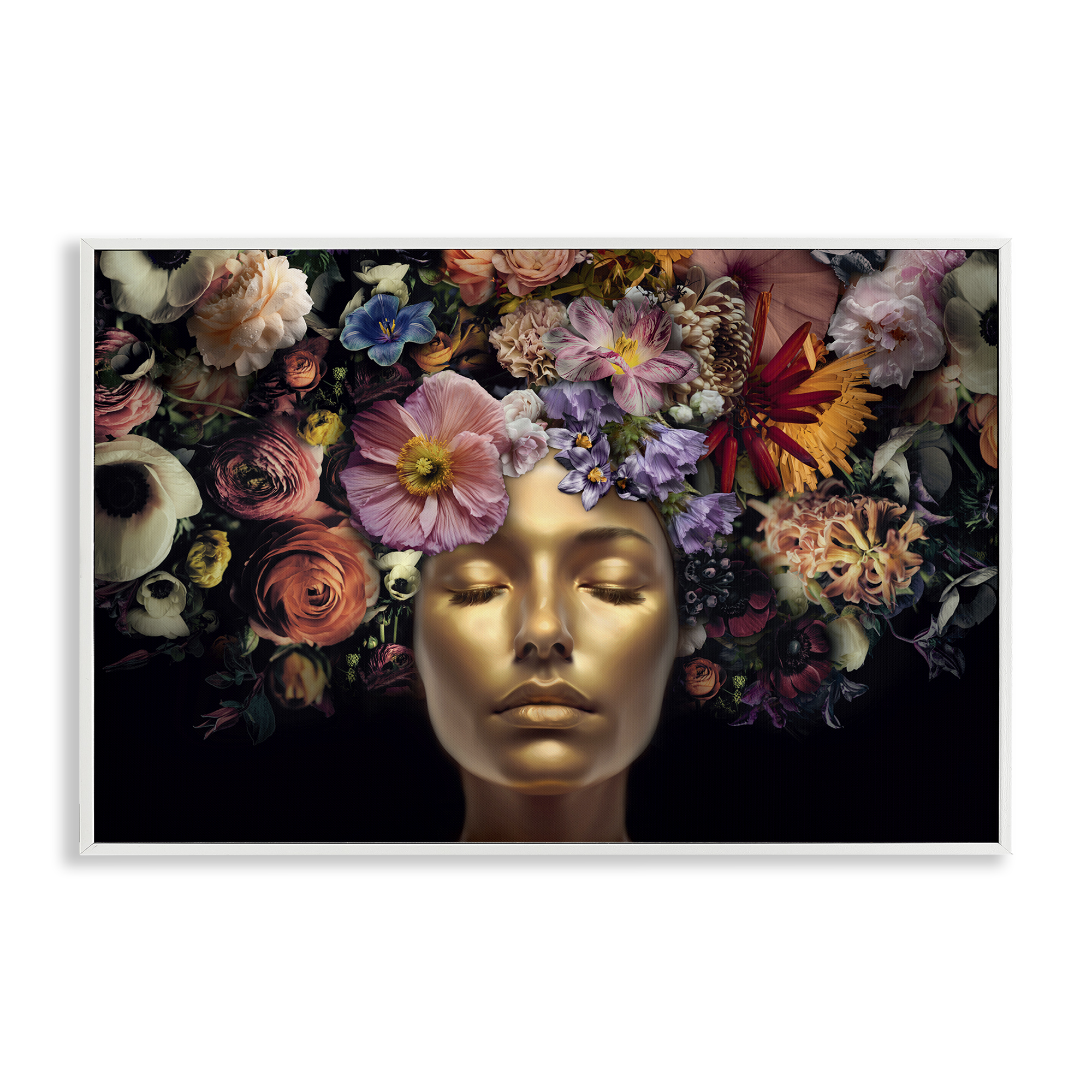 Stupell Industries Gold Face with Flowers Plants & Flowers Painting White Framed Art Print Wall Art, 30 x 20