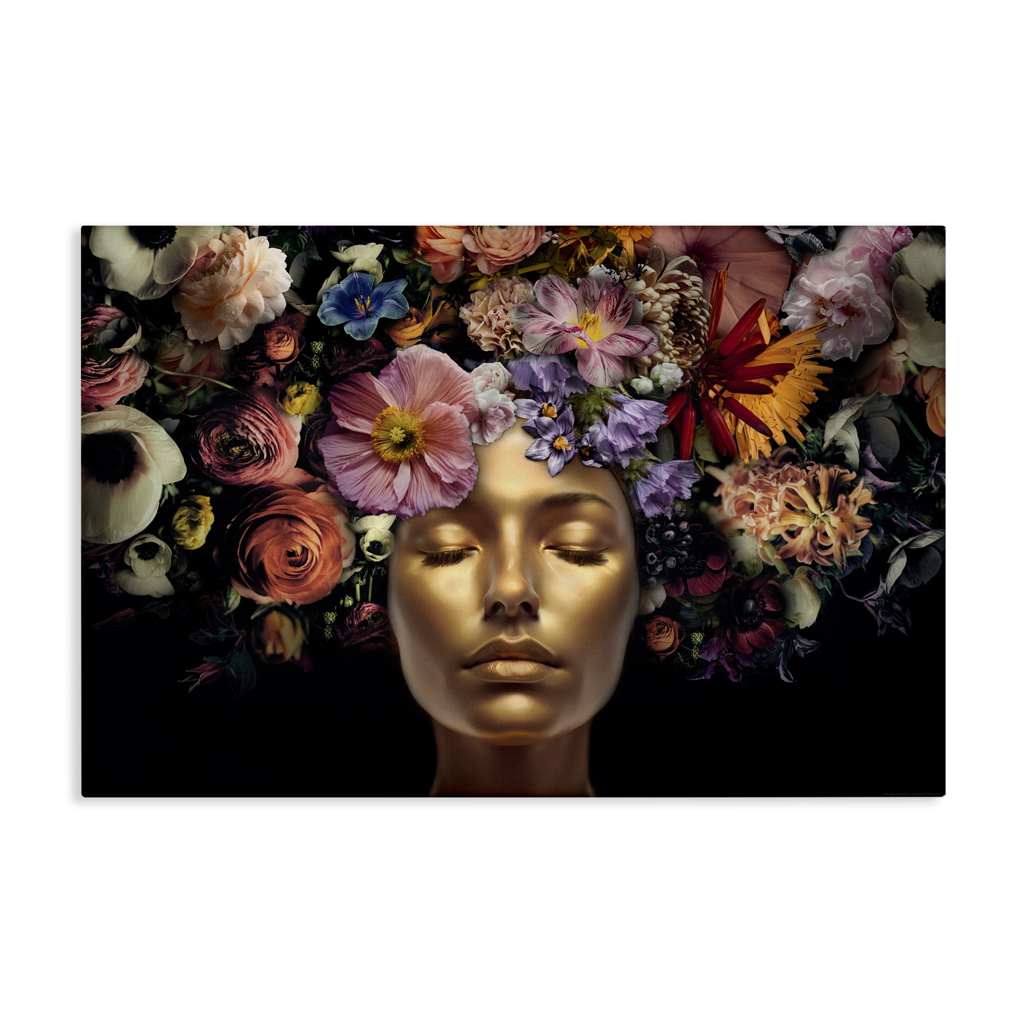 Stupell Industries Gold Face with Flowers Plants & Flowers Painting Wrapped Canvas Art Print Wall Art, 24 x 16