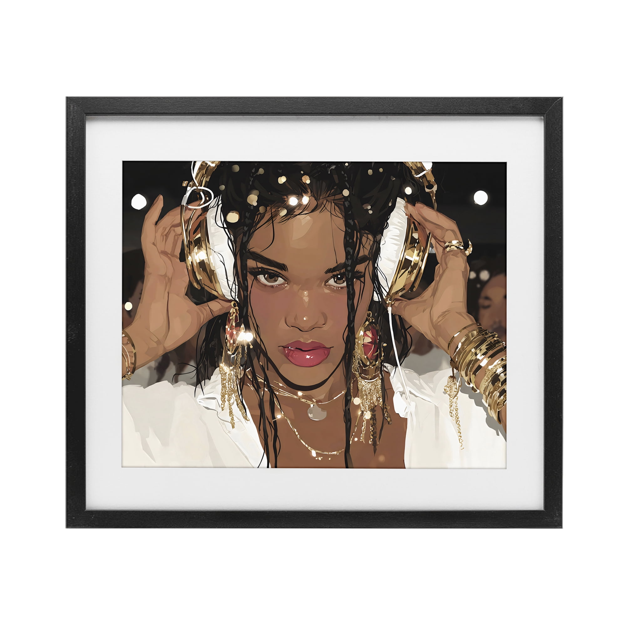Stupell Industries Gold Headphones Glam Female Black Framed Print Under Glass, design by Franklyn Gregory