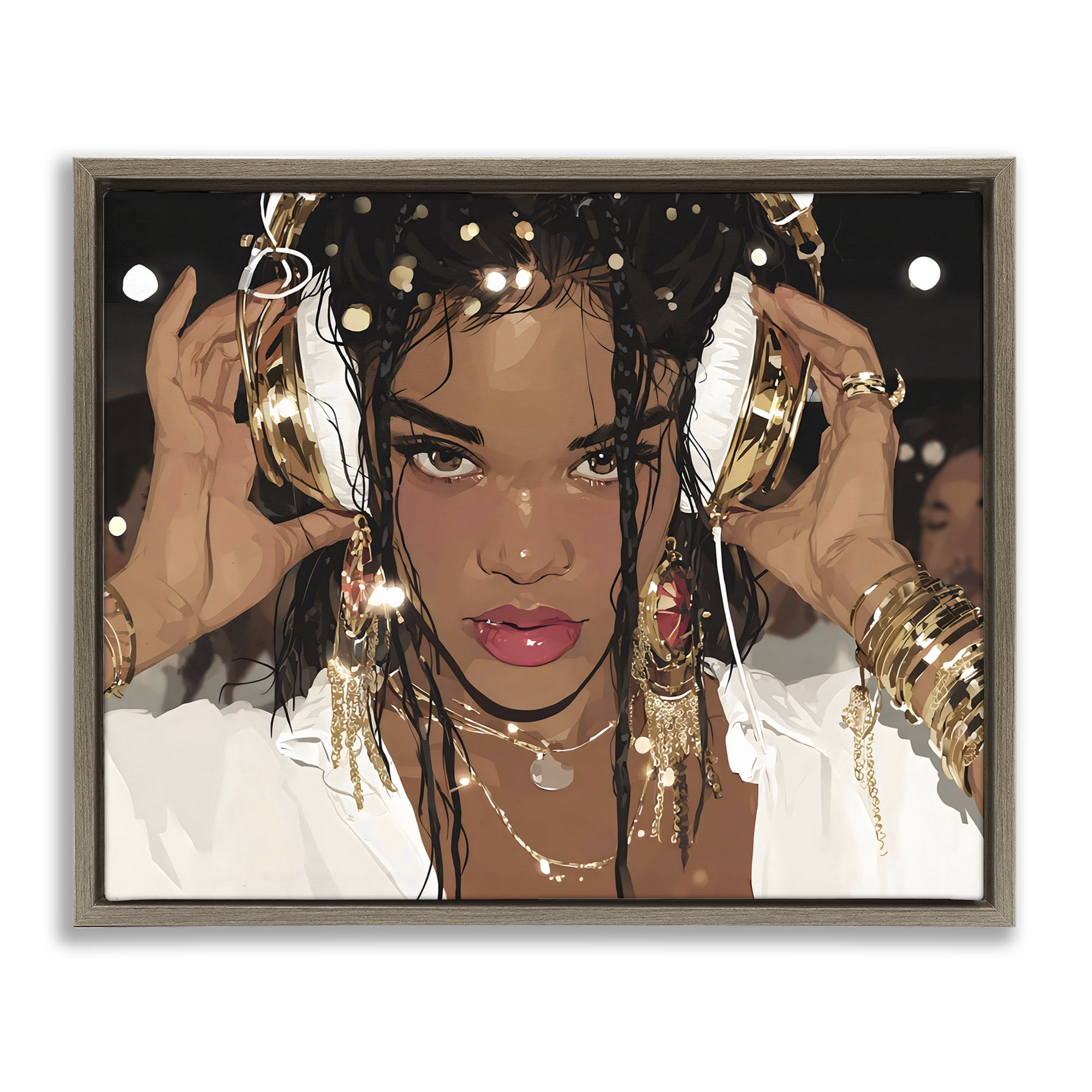 Stupell Industries Gold Headphones Glam Female Brown Framed Floater Canvas Wall Art, design by Franklyn Gregory