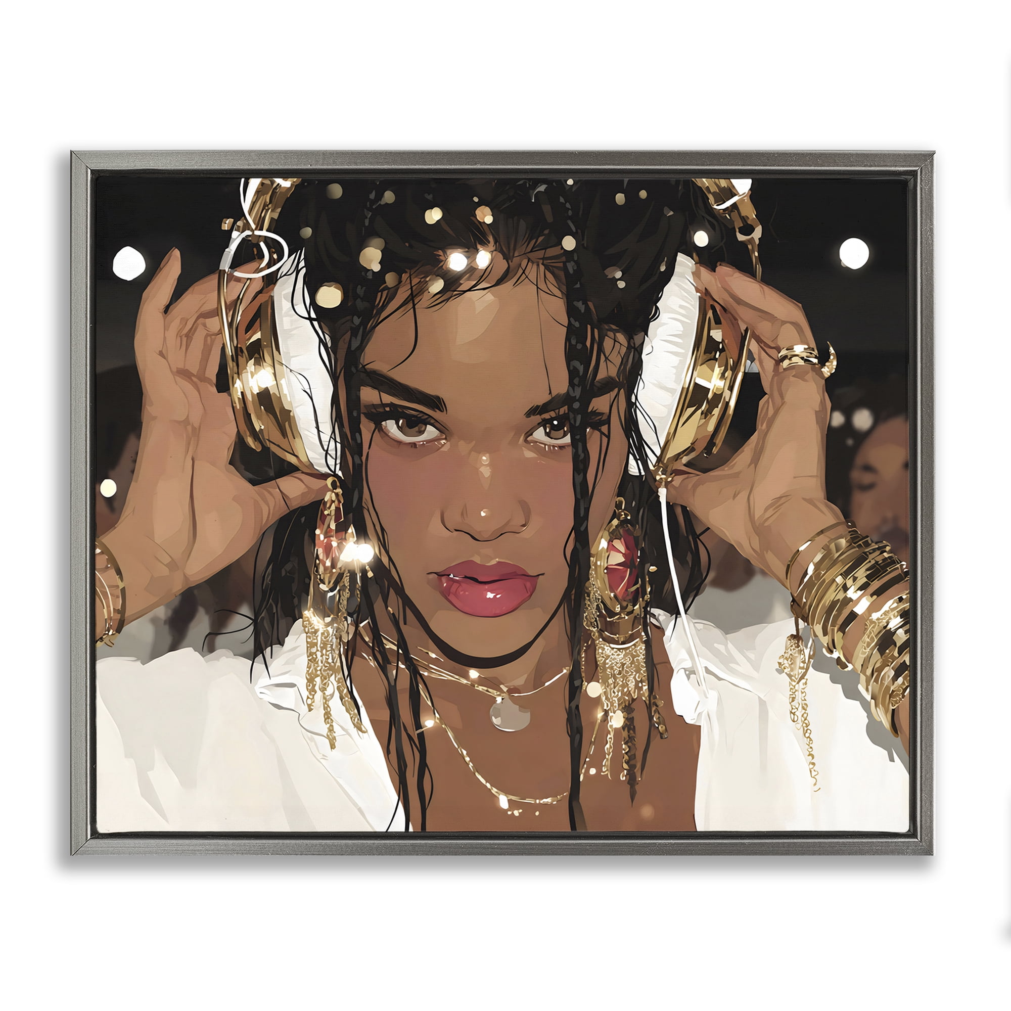 Stupell Industries Gold Headphones Glam Female Gray Framed Floater Canvas Wall Art, design by Franklyn Gregory