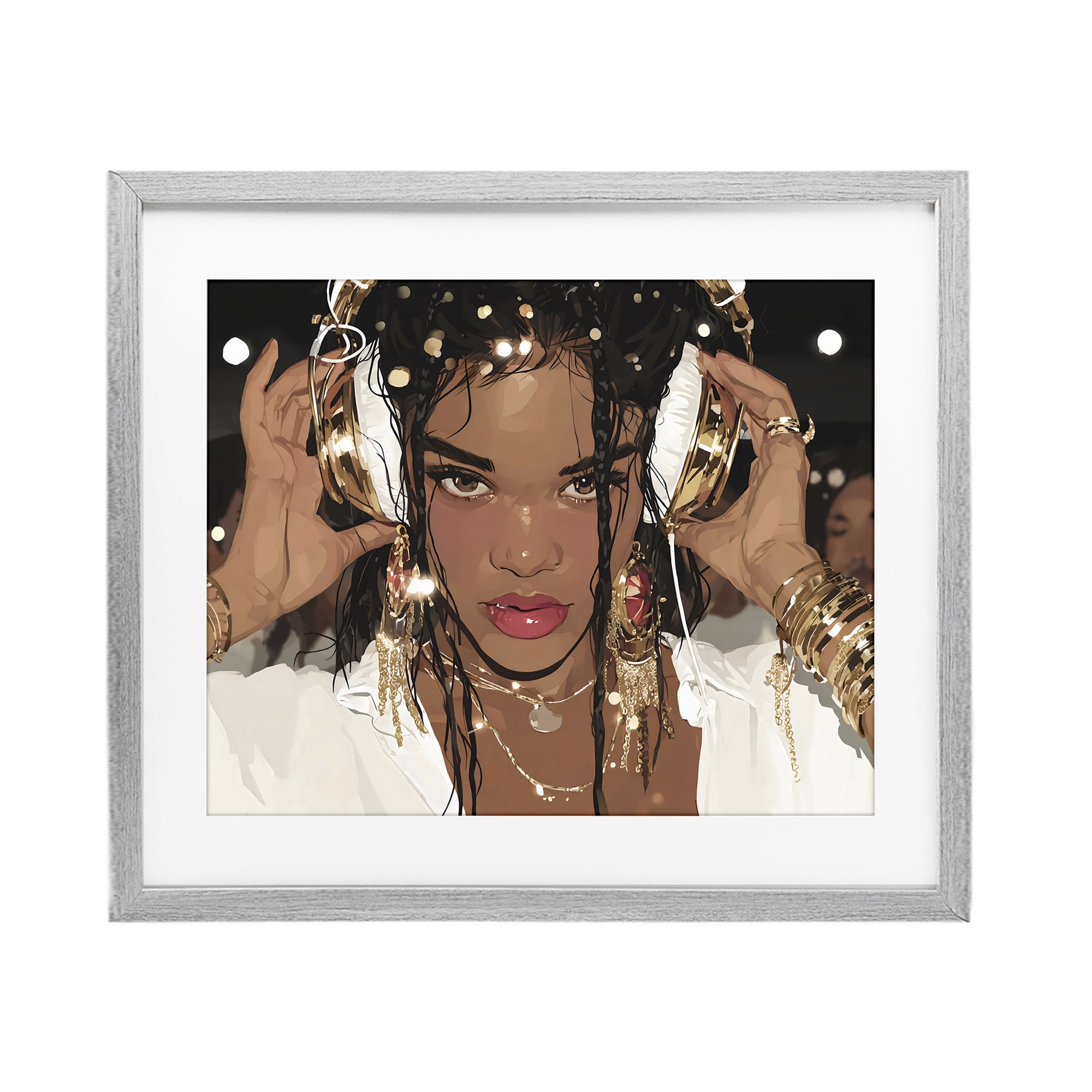 Stupell Industries Gold Headphones Glam Female Gray Framed Print Under Glass, design by Franklyn Gregory