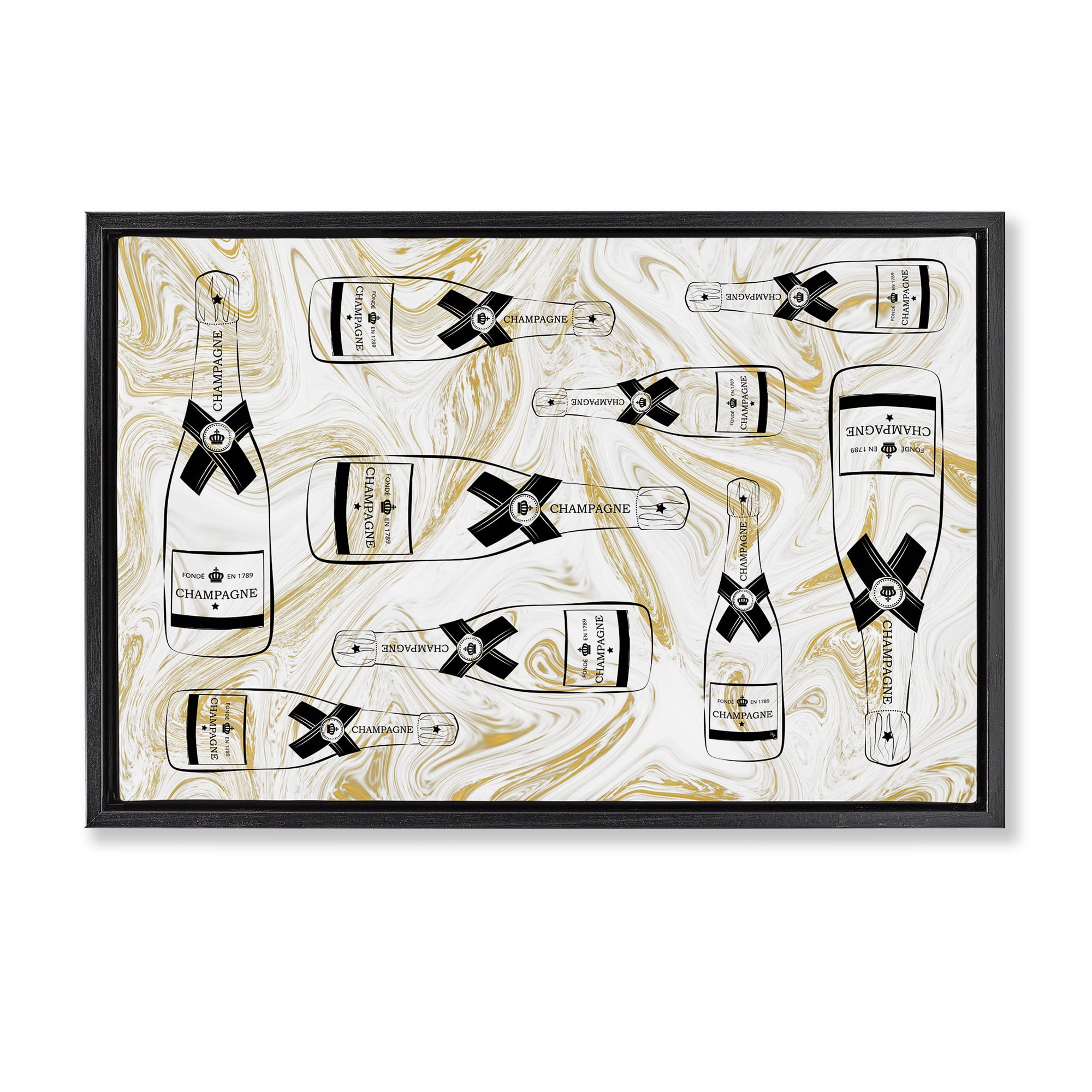 Stupell Industries Gold Streaked Champagne Food & Beverage Painting Black Floater Framed Canvas Art Print Wall Art, 25 x 17