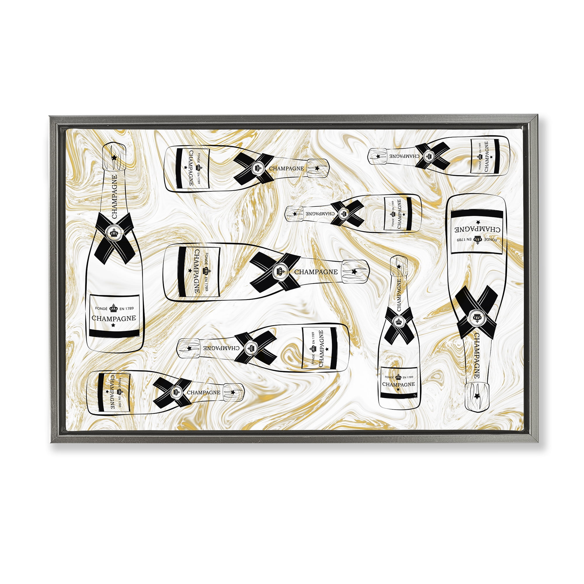 Stupell Industries Gold Streaked Champagne Food & Beverage Painting Gray Floater Framed Canvas Art Print Wall Art, 31 x 21