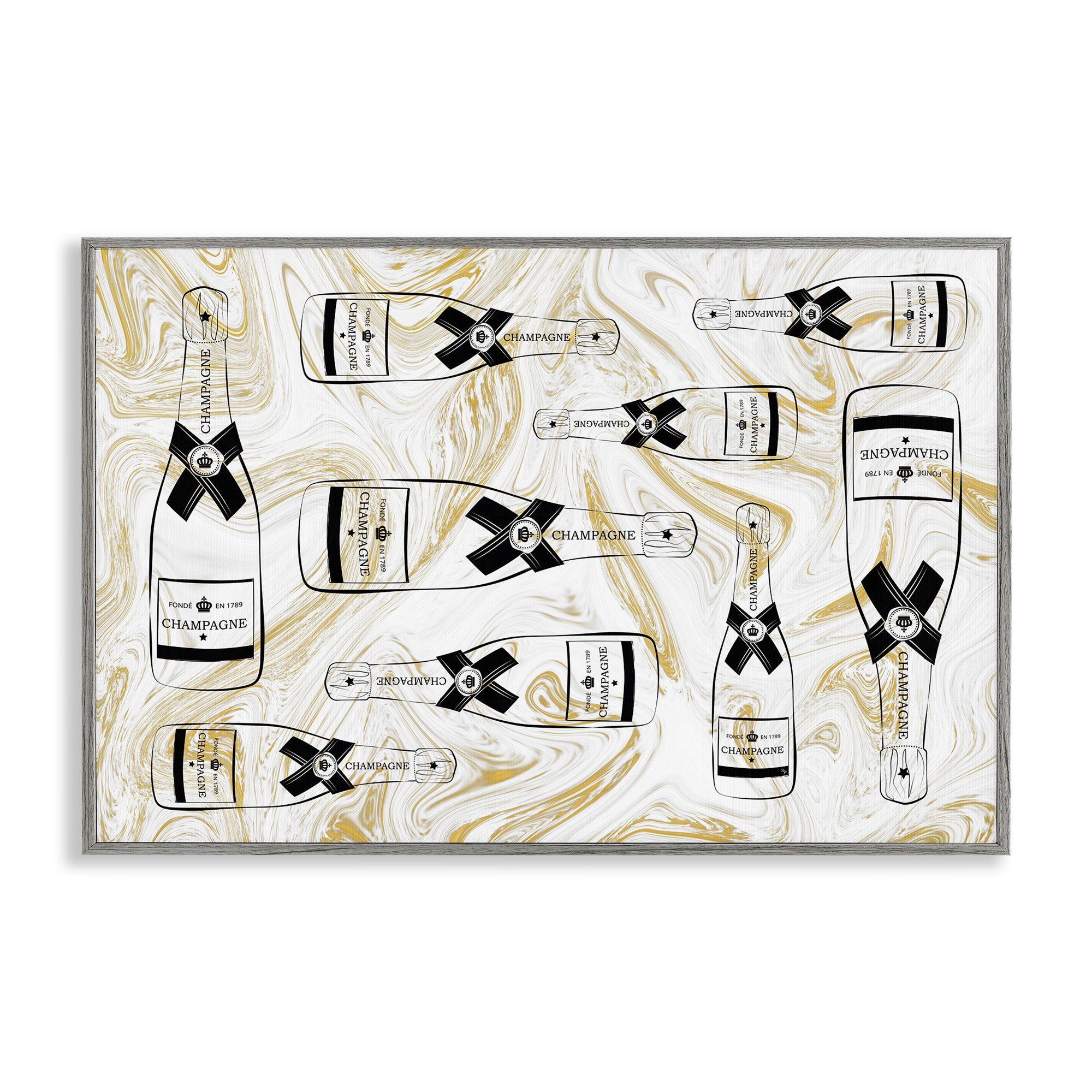 Stupell Industries Gold Streaked Champagne Food & Beverage Painting Gray Framed Art Print Wall Art, 18 x 12