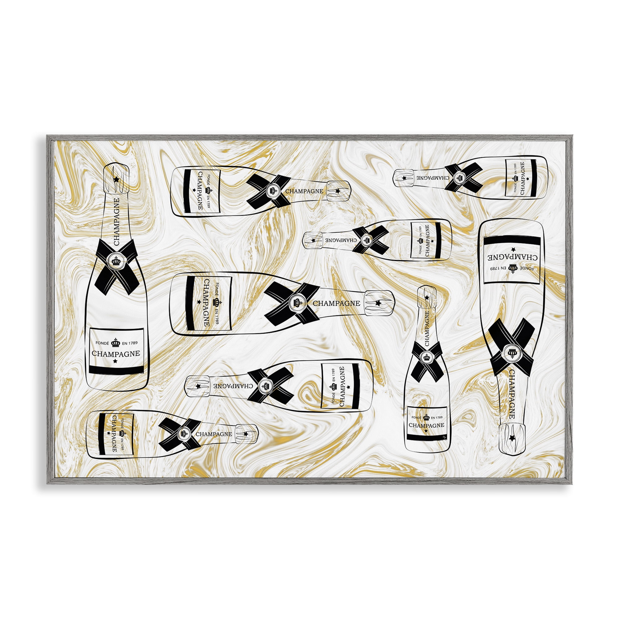Stupell Industries Gold Streaked Champagne Food & Beverage Painting Gray Framed Art Print Wall Art, 24 x 16