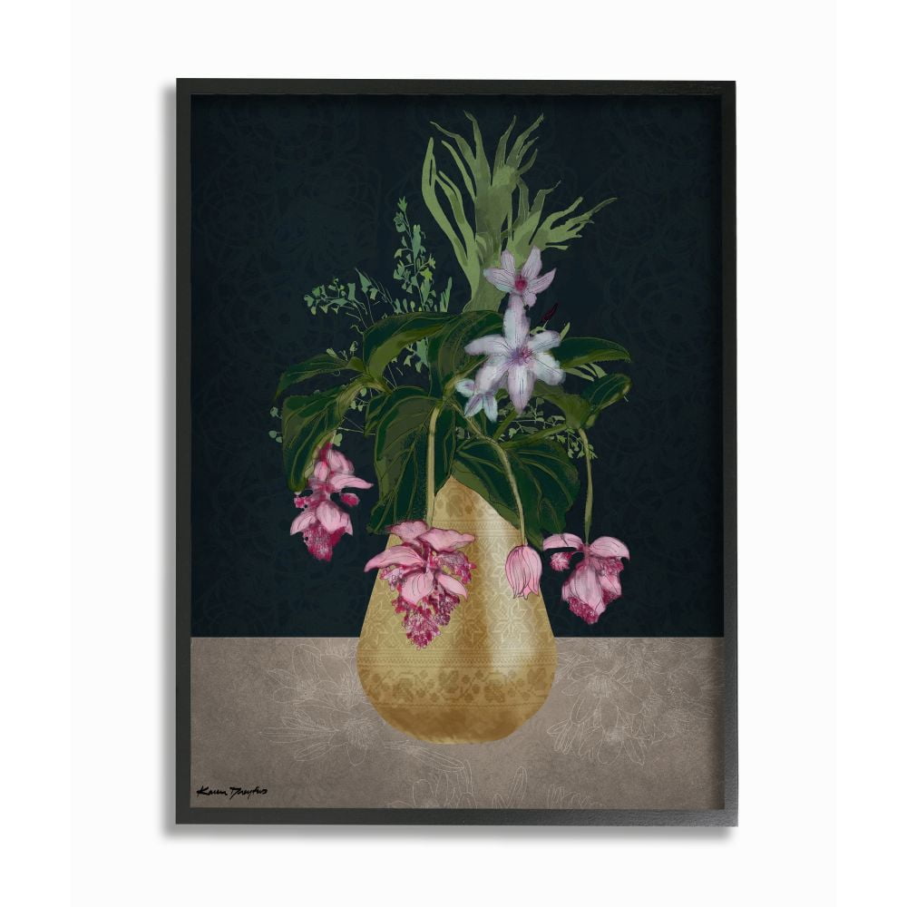 Stupell Industries Gold Vase Pink Flower Drawing Framed Wall Art by Karen Dreyfus, 16" x 20", Black Framed