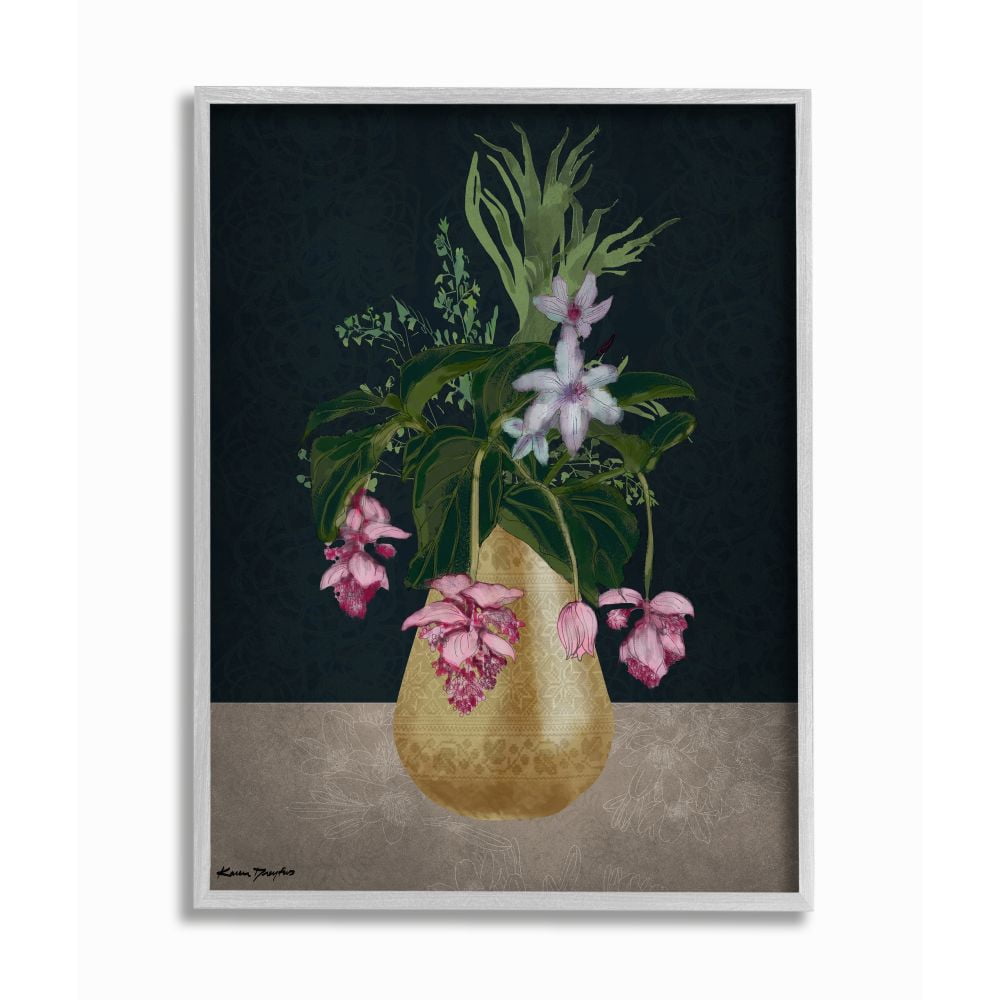 Stupell Industries Gold Vase Pink Flower Drawing Framed Wall Art by Karen Dreyfus, 16" x 20", Gray Framed