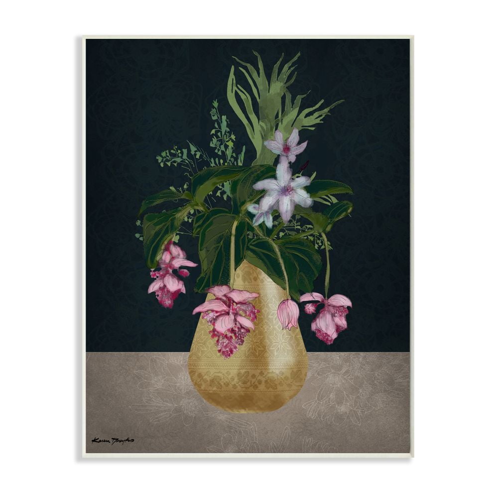 Stupell Industries Gold Vase Pink Flower Drawing Graphic Art Unframed Art Print Wall Art, 10x15, by Karen Dreyfus