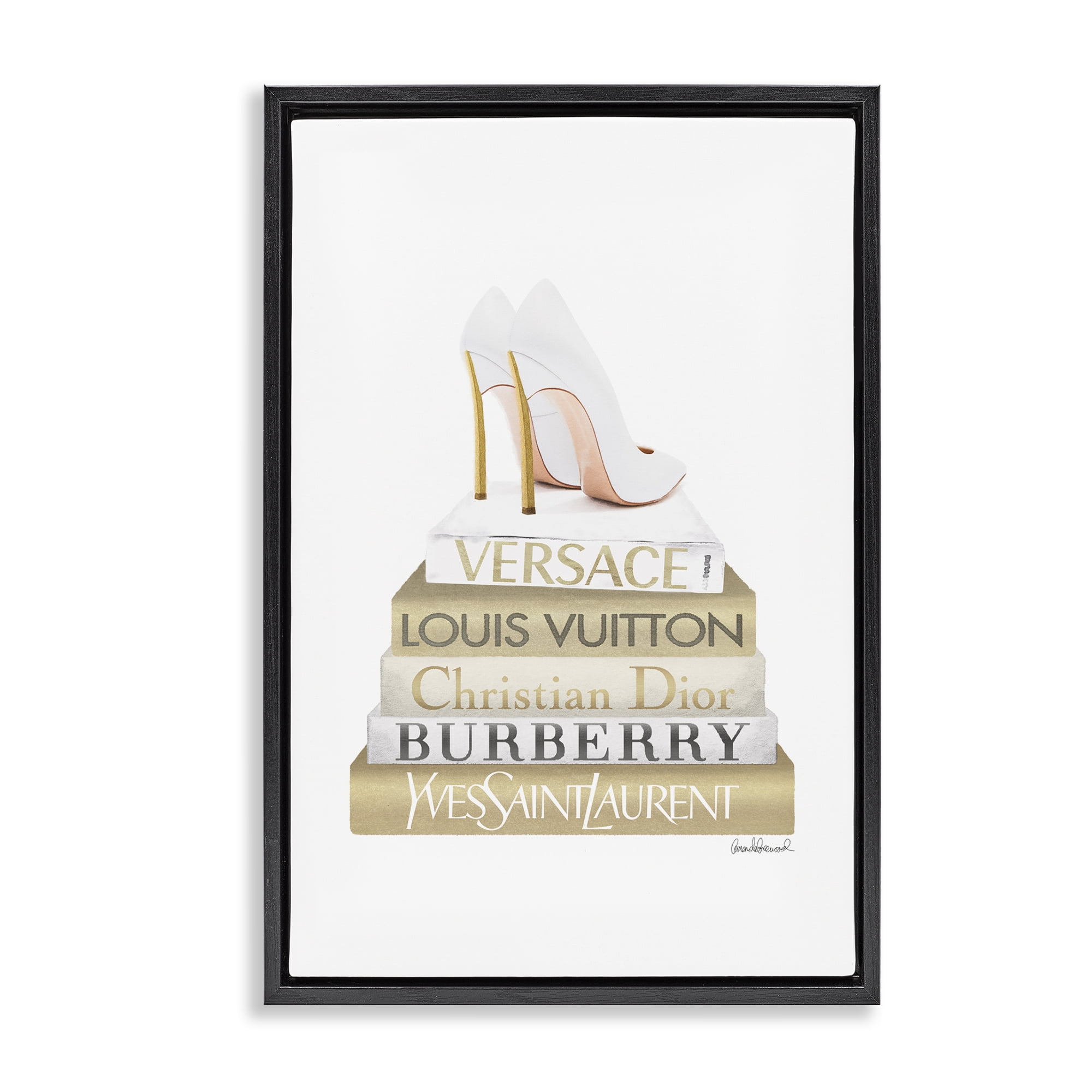 Stupell Industries Gold & White Book Stack Fashion Painting Black Floater Framed Canvas Art Print Wall Art, 21 x 31