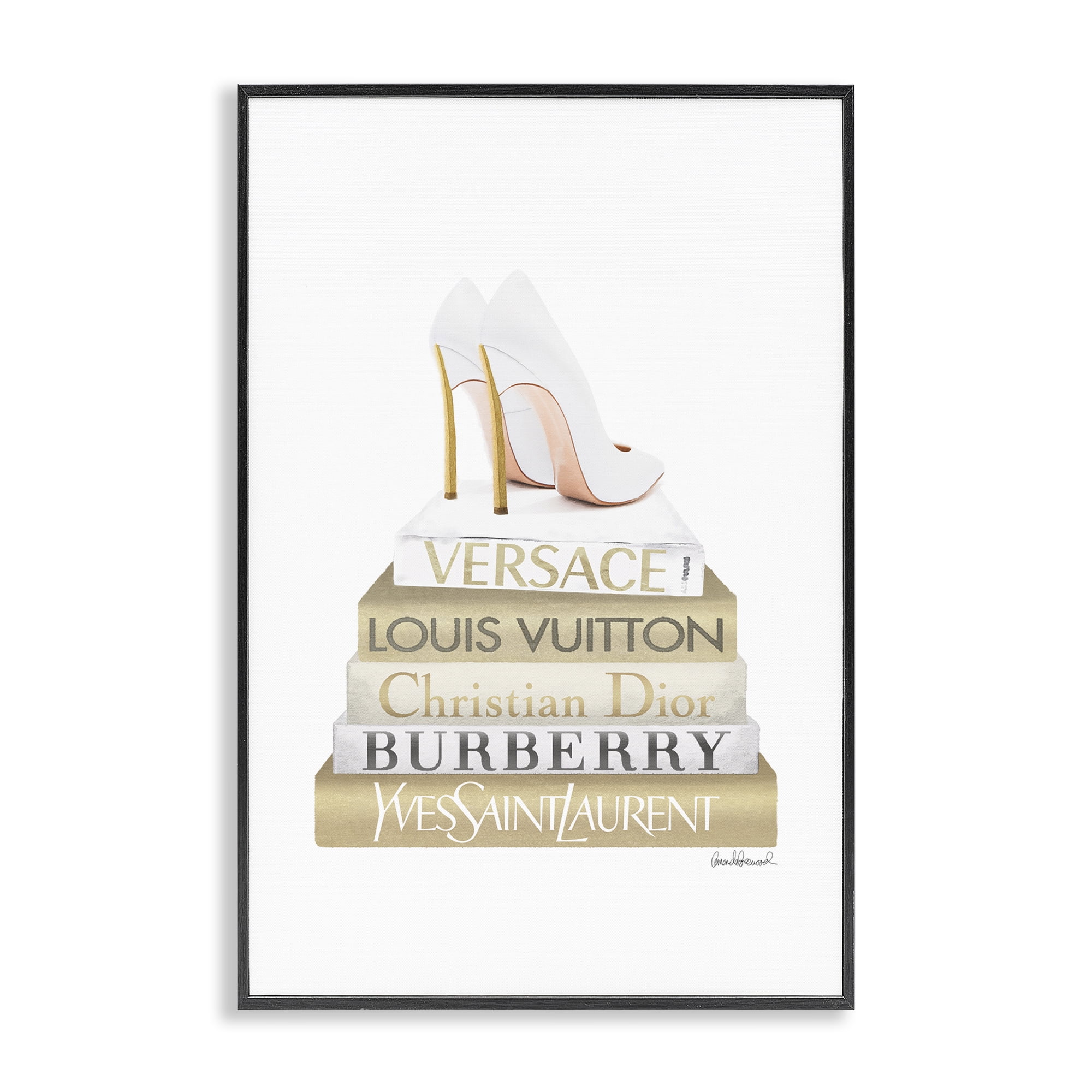 Stupell Industries Gold & White Book Stack Fashion Painting Black Framed Art Print Wall Art, 20 x 30
