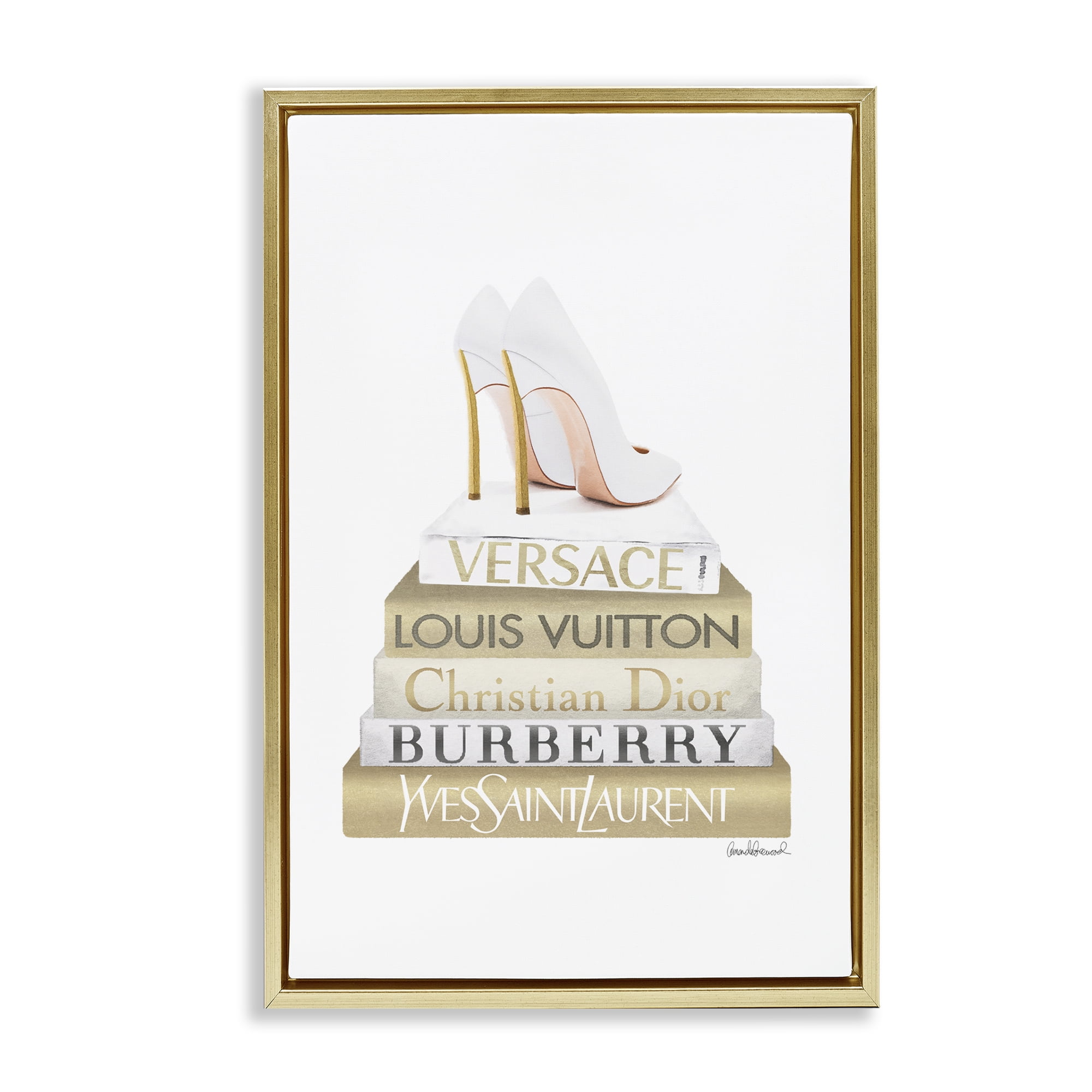 Stupell Industries Gold & White Book Stack Fashion Painting Gold Floater Framed Canvas Art Print Wall Art, 17 x 25