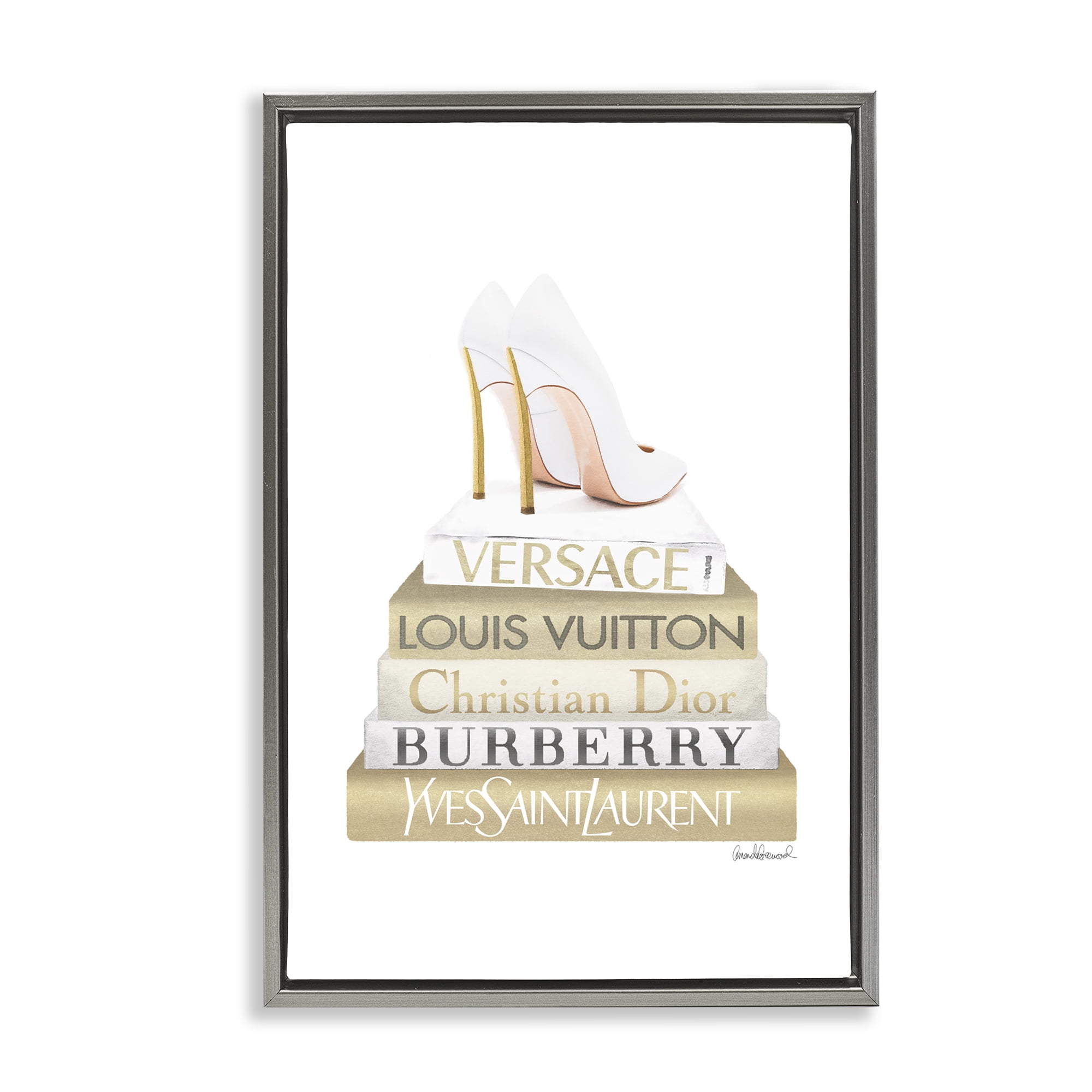 Stupell Industries Gold & White Book Stack Fashion Painting Gray Floater Framed Canvas Art Print Wall Art, 17 x 25