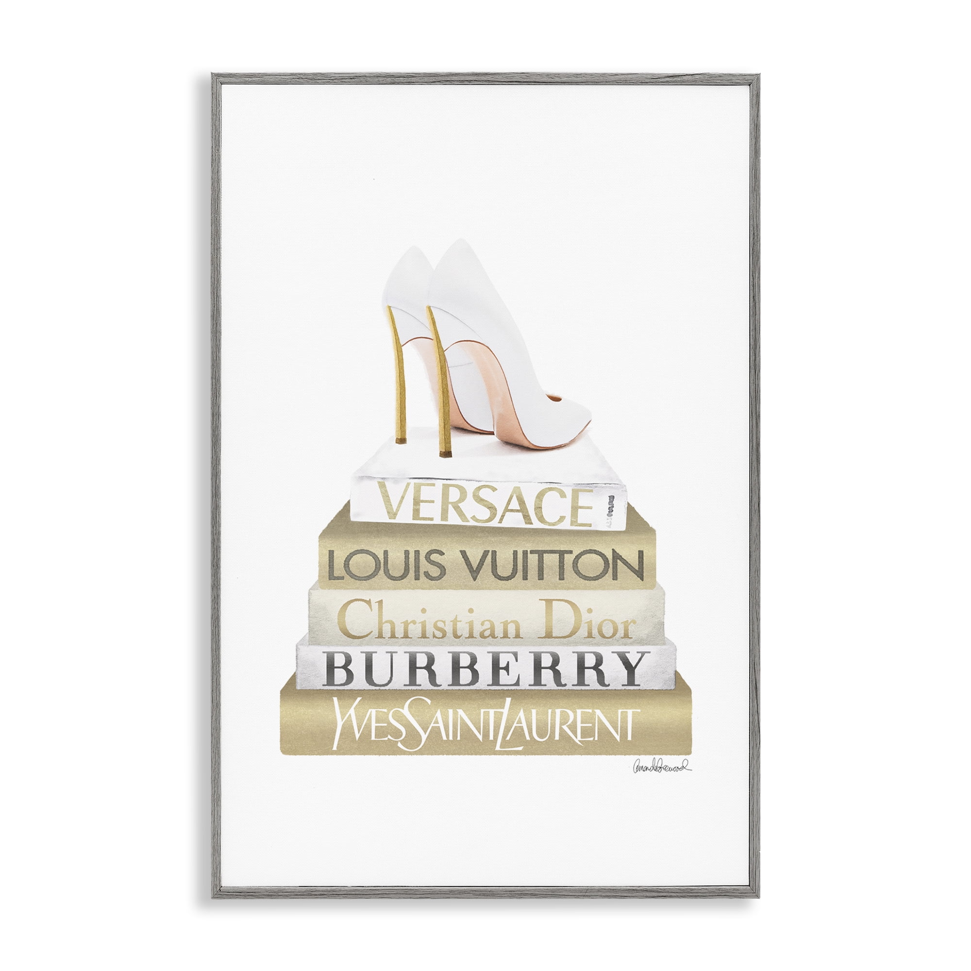 Stupell Industries Gold & White Book Stack Fashion Painting Gray Framed Art Print Wall Art, 12 x 18
