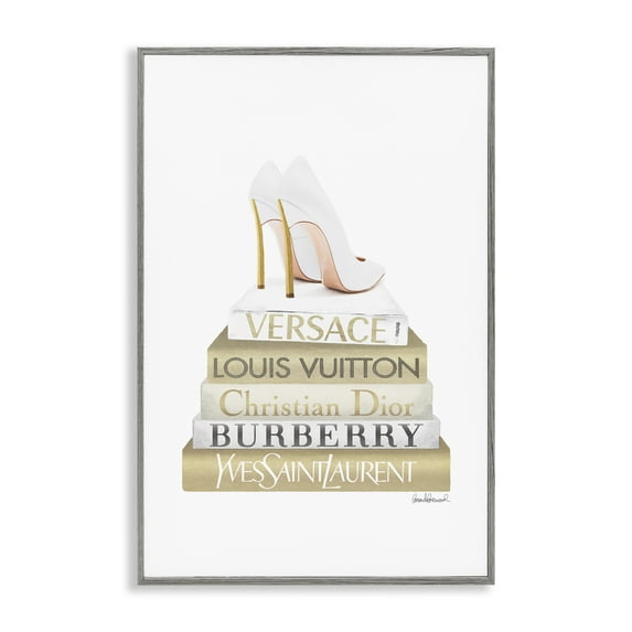 Stupell Industries Gold & White Book Stack Fashion Painting Gray Framed Art Print Wall Art, 20 x 30