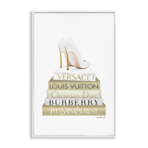 Stupell Industries Gold & White Book Stack Fashion Painting White Framed Art Print Wall Art, 12 x 18