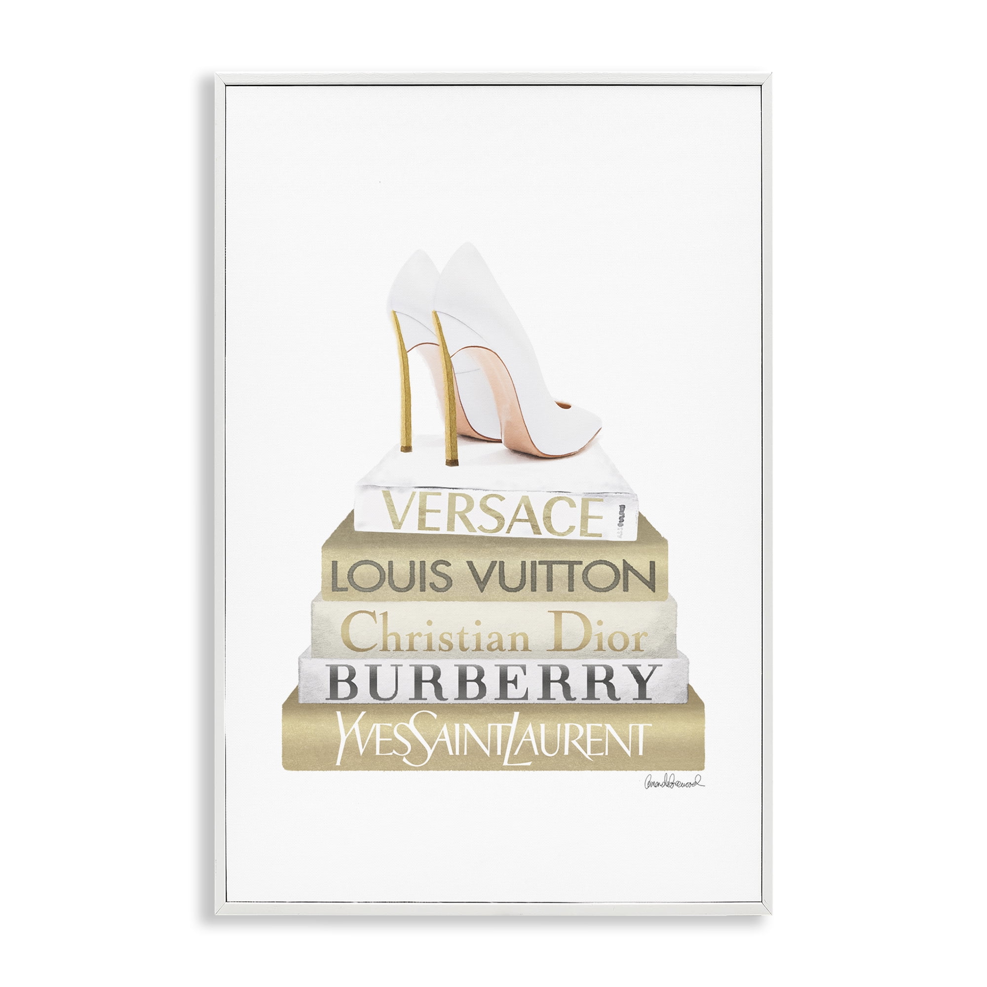 Stupell Industries Gold & White Book Stack Fashion Painting White Framed Art Print Wall Art, 20 x 30