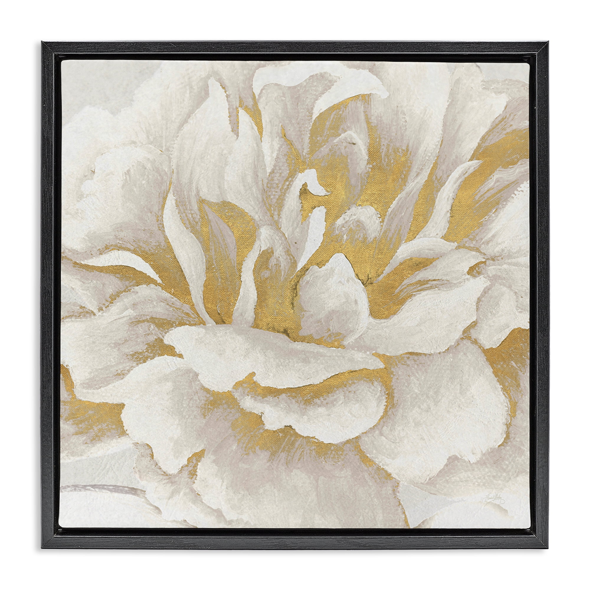 Stupell Industries Gold & White Flower Plants & Flowers Painting Black Floater Framed Canvas Art Print Wall Art, 18 x 18