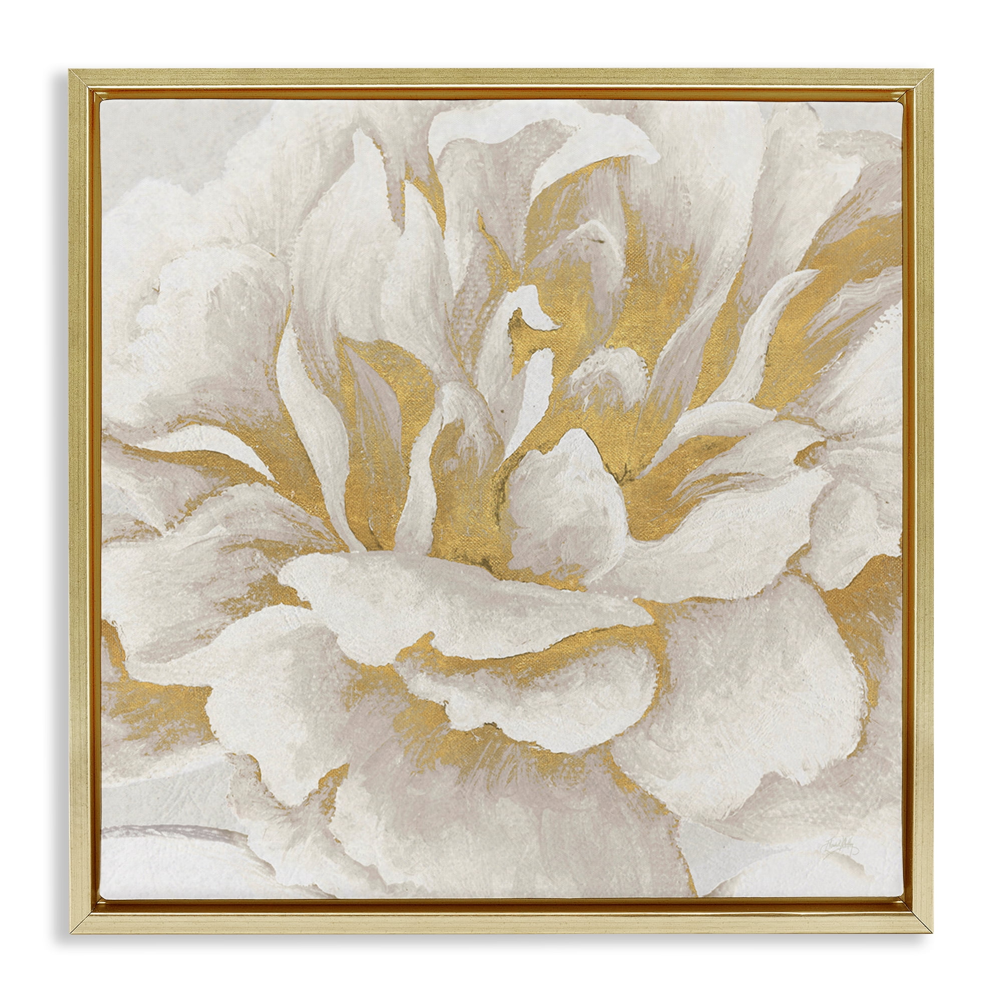 Stupell Industries Gold & White Flower Plants & Flowers Painting Gold Floater Framed Canvas Art Print Wall Art, 25 x 25