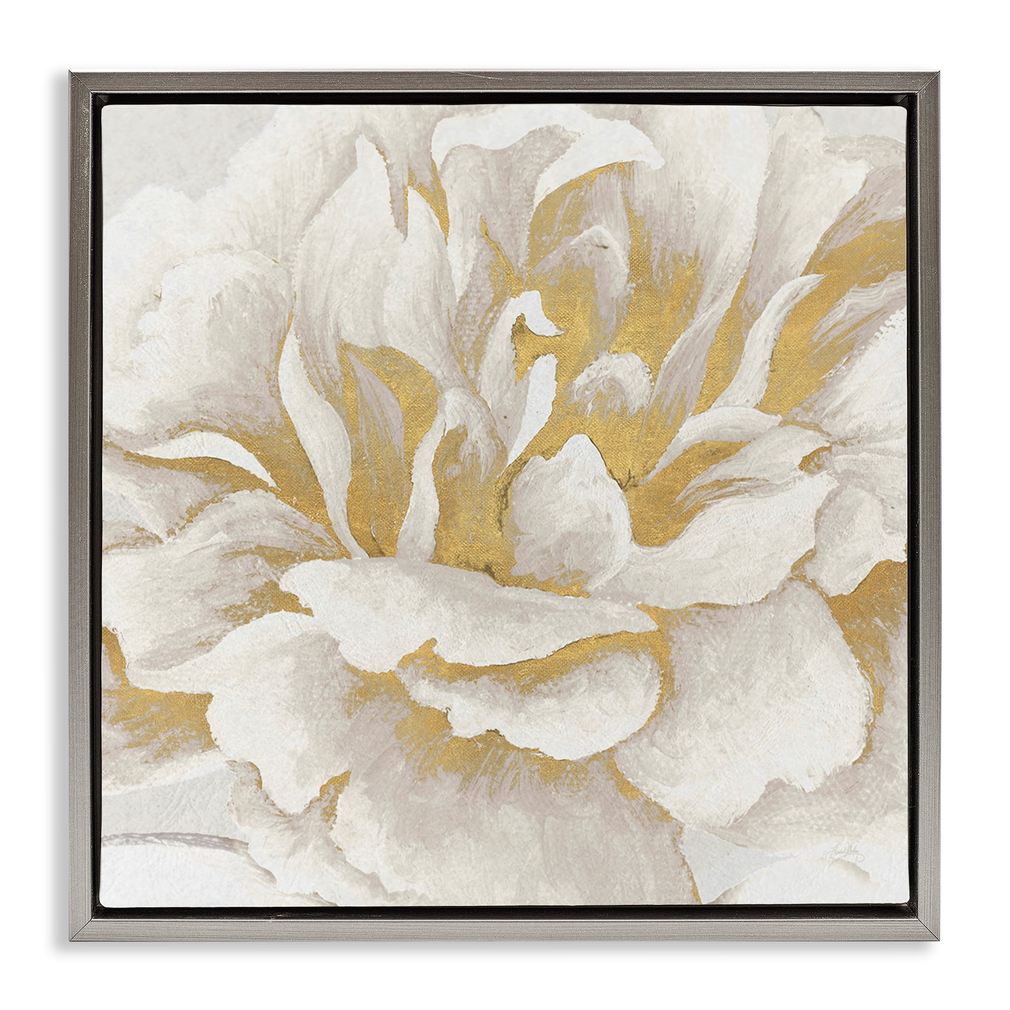 Stupell Industries Gold & White Flower Plants & Flowers Painting Gray Floater Framed Canvas Art Print Wall Art, 25 x 25