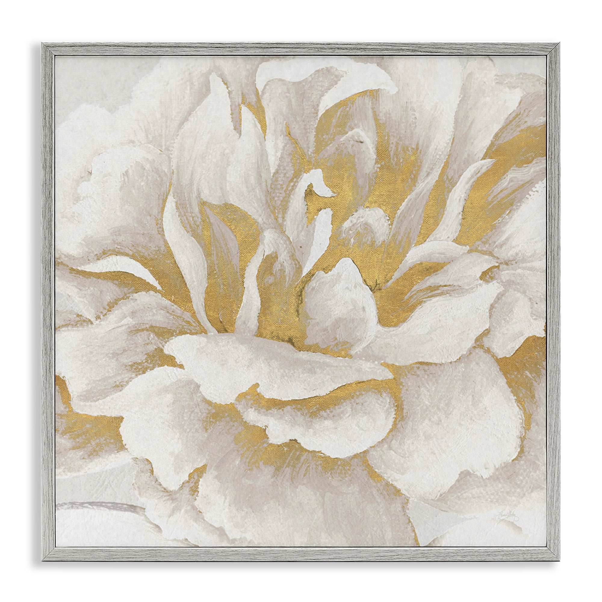 Stupell Industries Gold & White Flower Plants & Flowers Painting Gray Framed Art Print Wall Art, 24 x 24