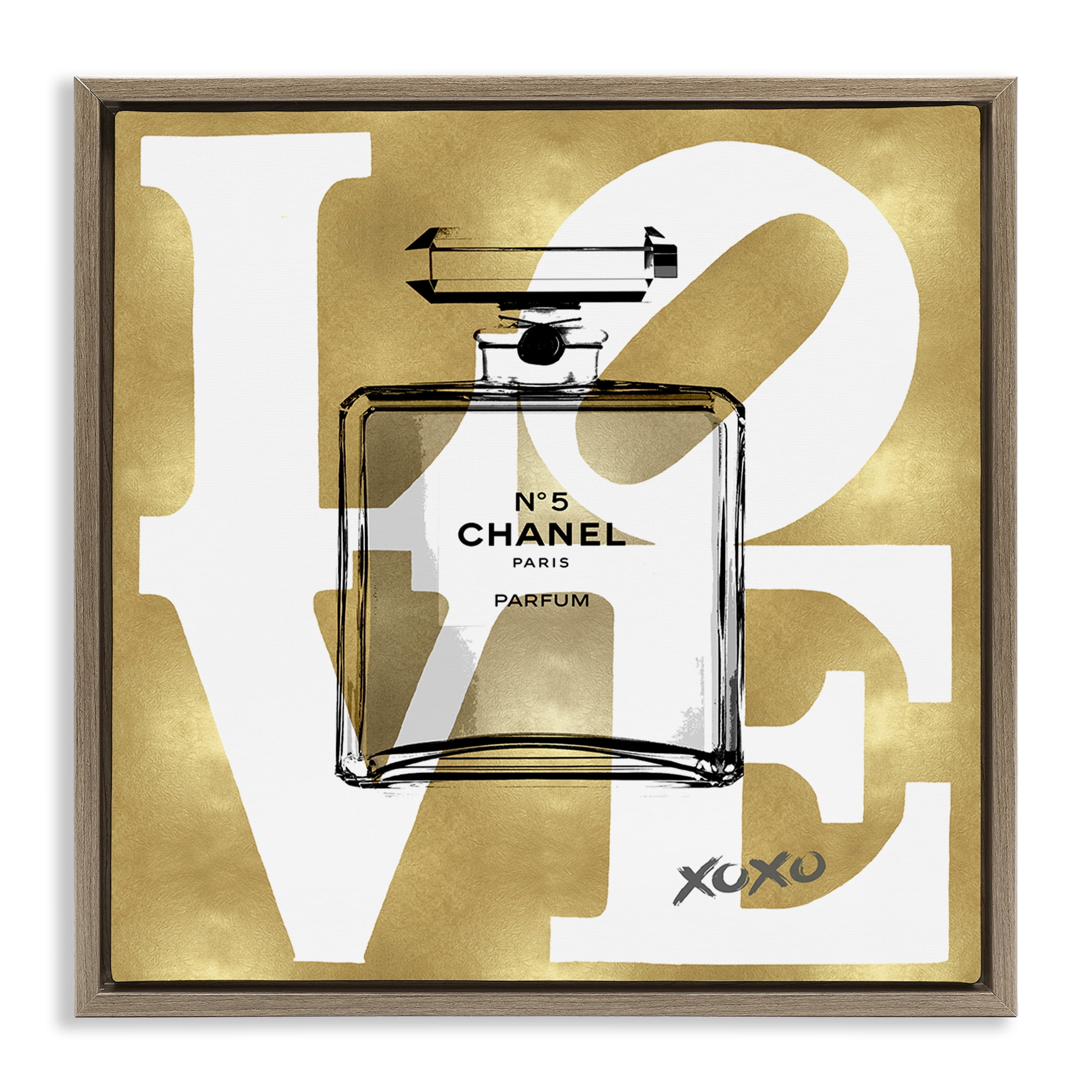 Stupell Industries Gold & White Love Perfume Fashion Painting Brown Floater Framed Canvas Art Print Wall Art, 18 x 18