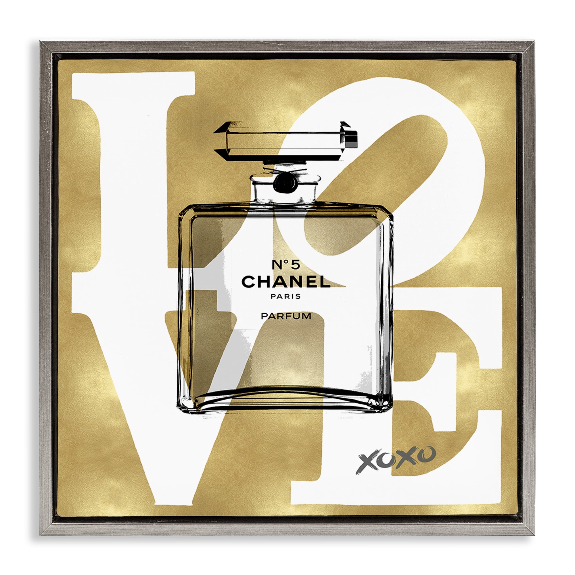 Stupell Industries Gold & White Love Perfume Fashion Painting Gray Floater Framed Canvas Art Print Wall Art, 18 x 18